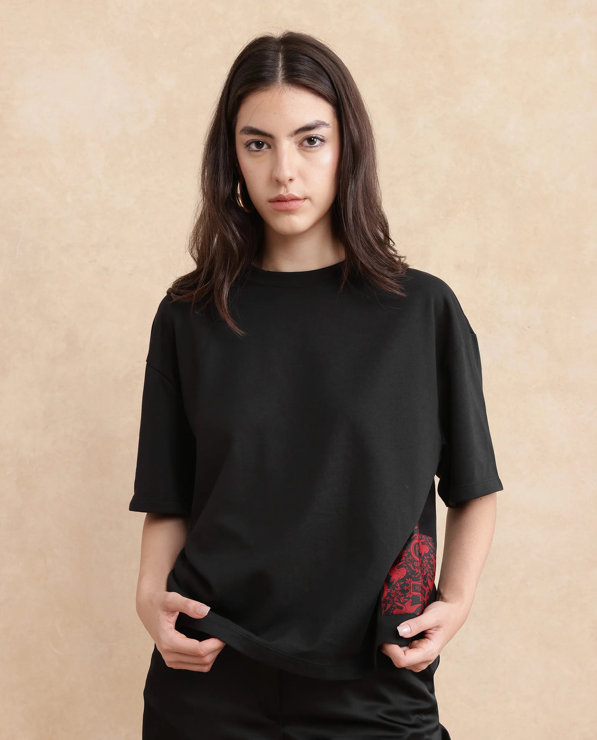 Rareism Women Pach Black Polyester Fabric Short Sleeve Relaxed Fit Plain T-Shirt