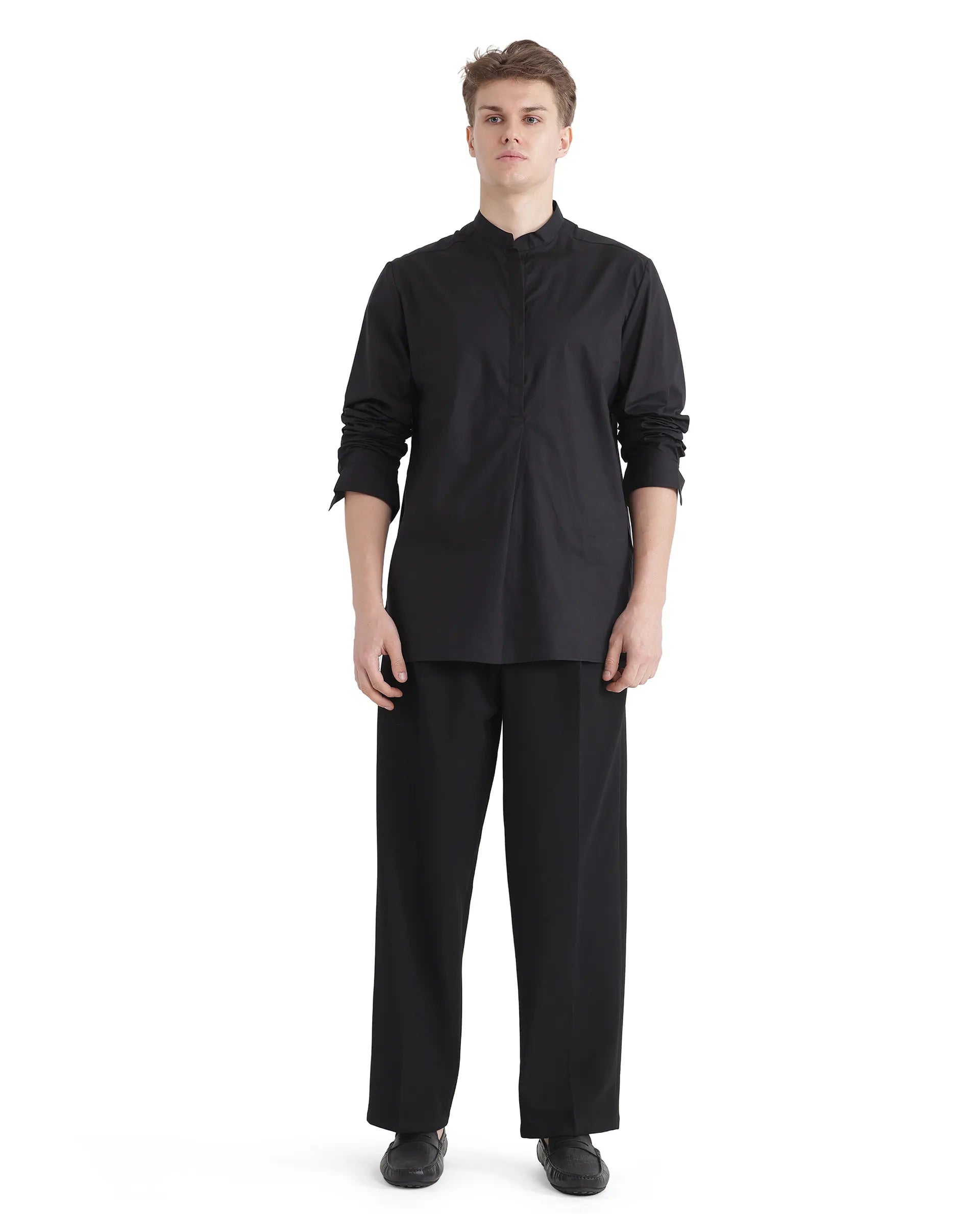 Rare Rabbit Men Pach Black Cotton Fabric Full Sleeve Mandarin Collared Button Closure Regular Fit Plain Shirt