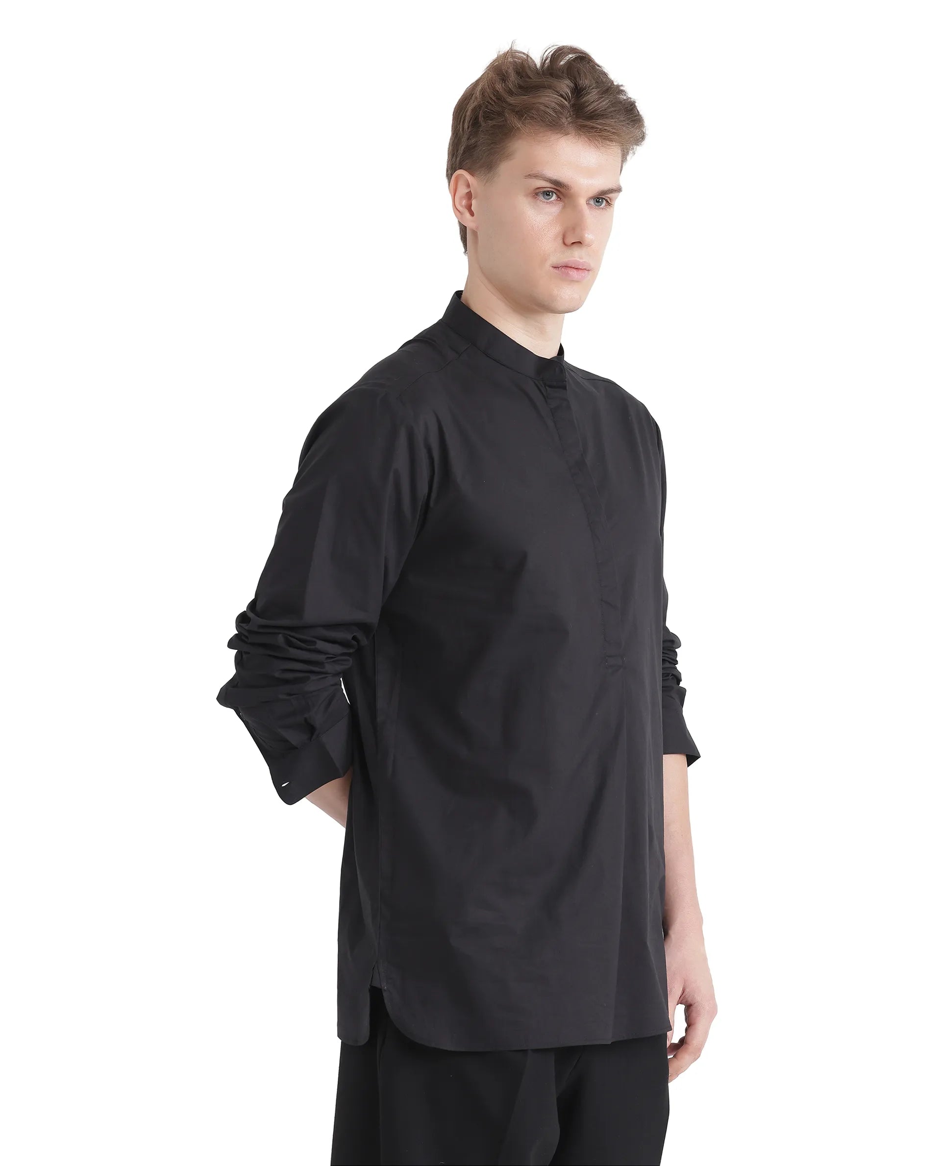 Rare Rabbit Men Pach Black Cotton Fabric Full Sleeve Mandarin Collared Button Closure Regular Fit Plain Shirt