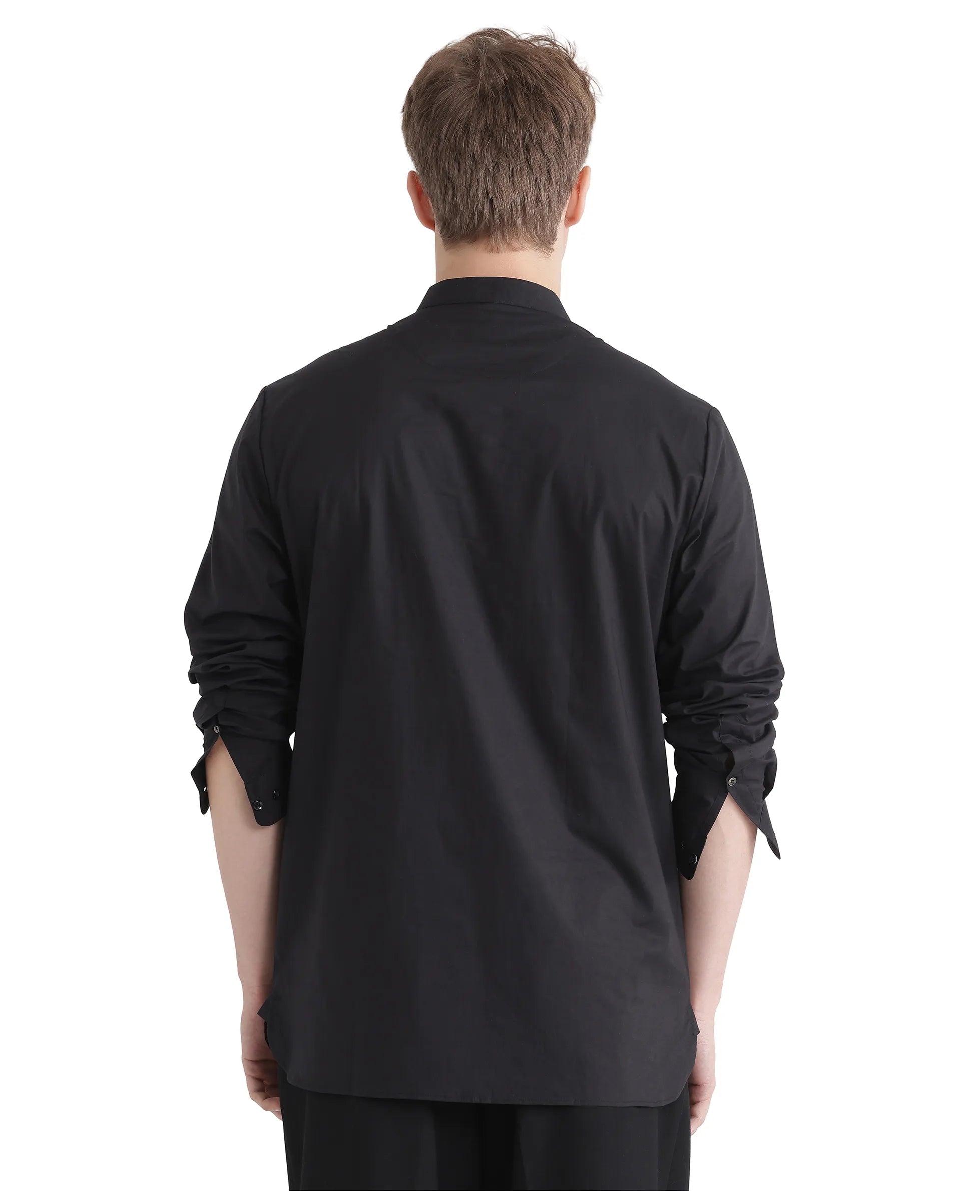 Rare Rabbit Men Pach Black Cotton Fabric Full Sleeve Mandarin Collared Button Closure Regular Fit Plain Shirt