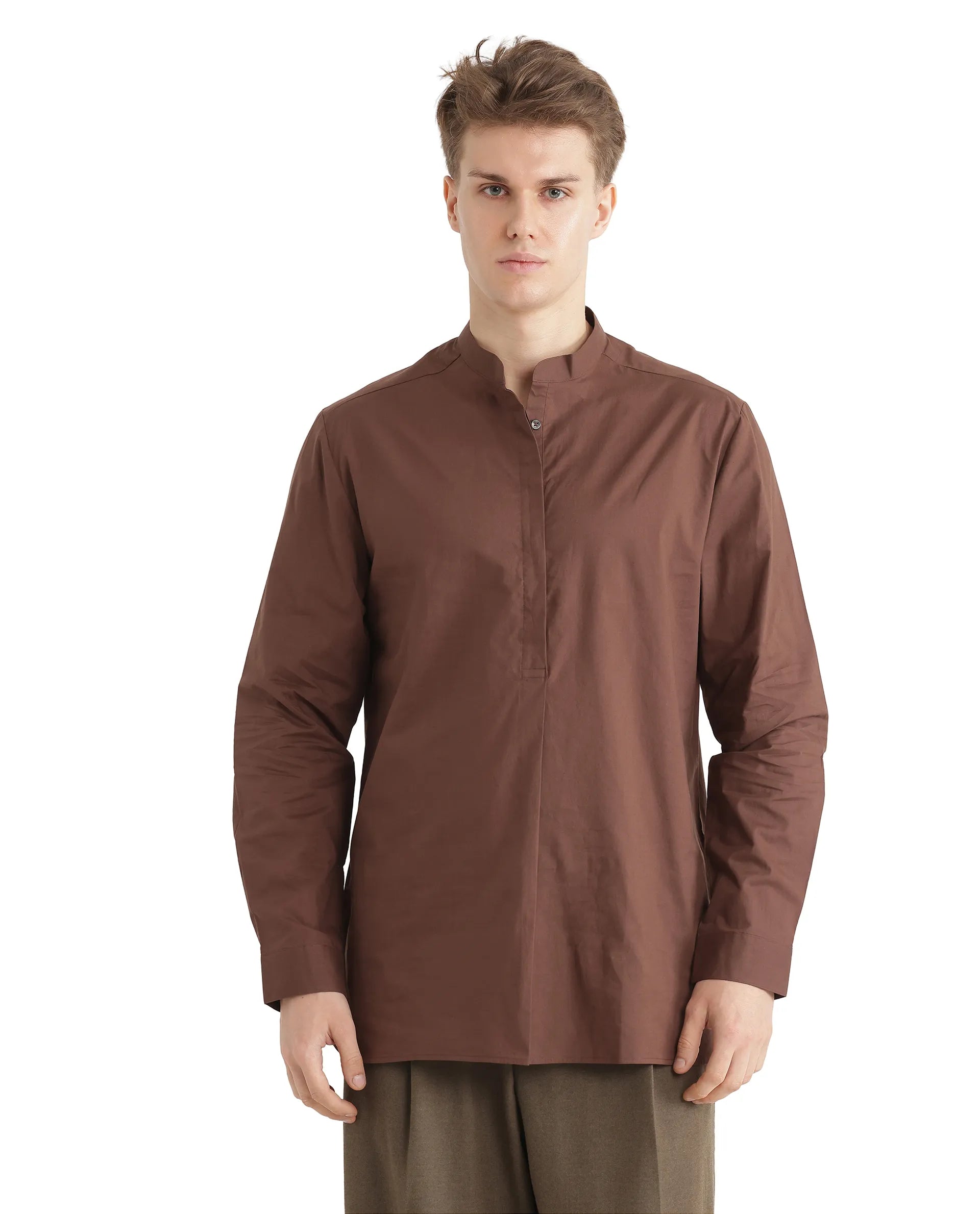 Rare Rabbit Men Pach Brown Cotton Fabric Full Sleeve Mandarin Collared Button Closure Regular Fit Plain Shirt