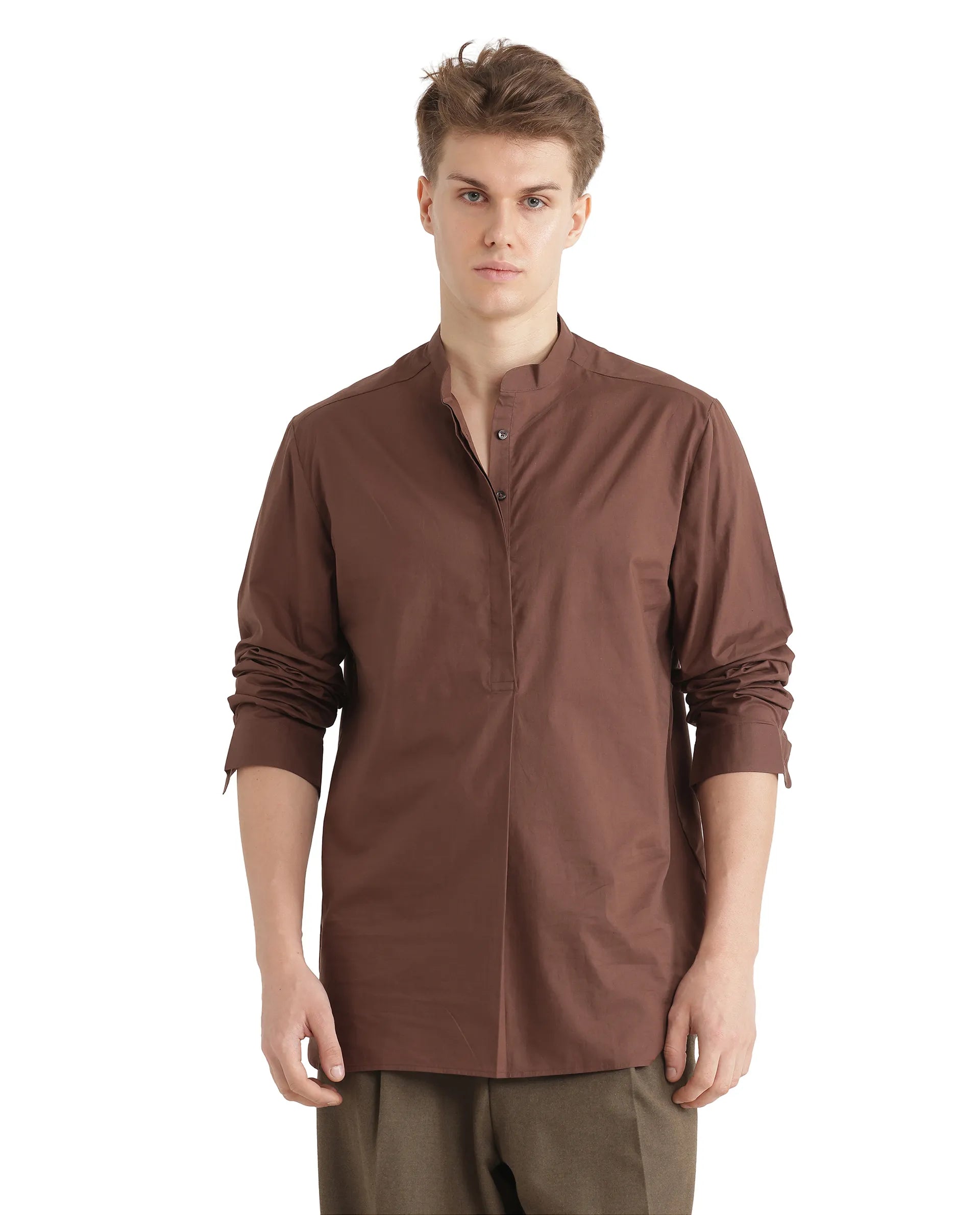 Rare Rabbit Men Pach Brown Cotton Fabric Full Sleeve Mandarin Collared Button Closure Regular Fit Plain Shirt