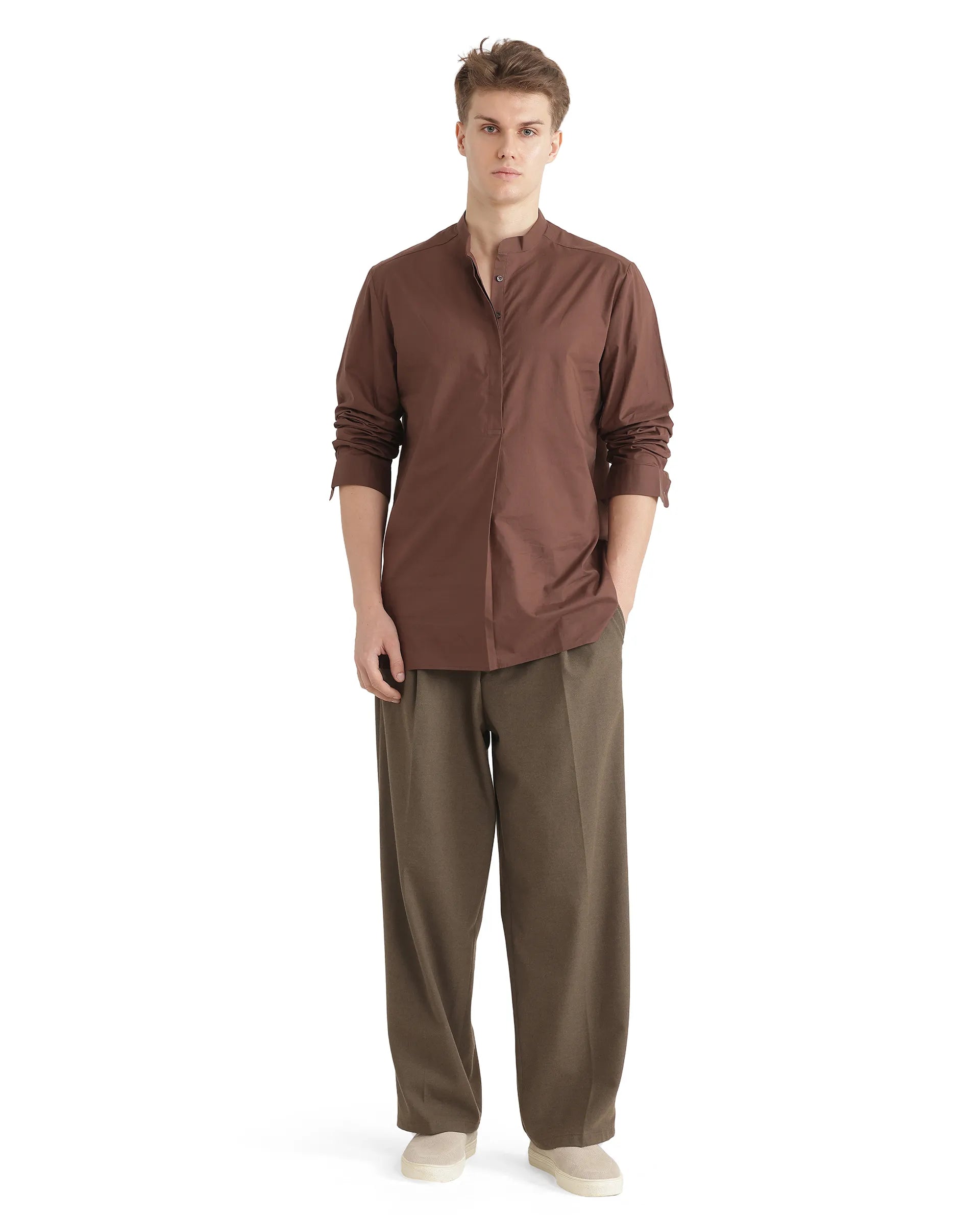 Rare Rabbit Men Pach Brown Cotton Fabric Full Sleeve Mandarin Collared Button Closure Regular Fit Plain Shirt