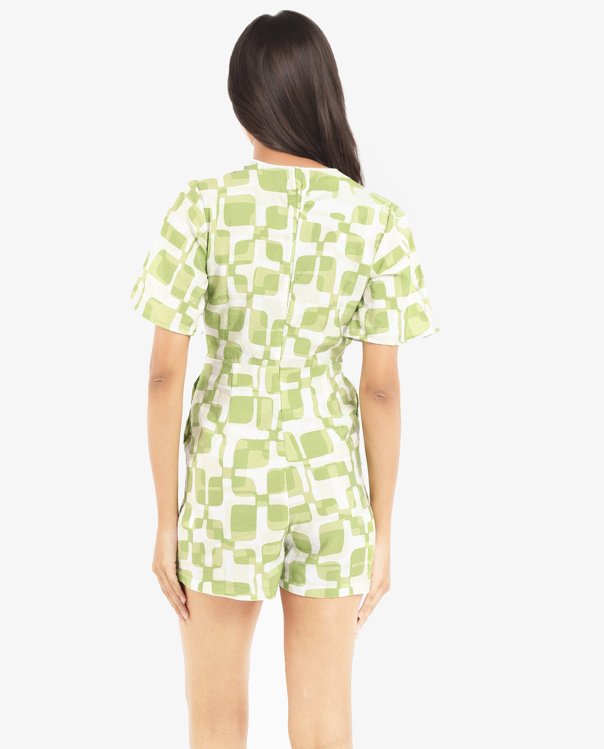 Rareism Women Padua Light Green Bishop Sleeve V-Neck Mini Geometric Print Play Suit
