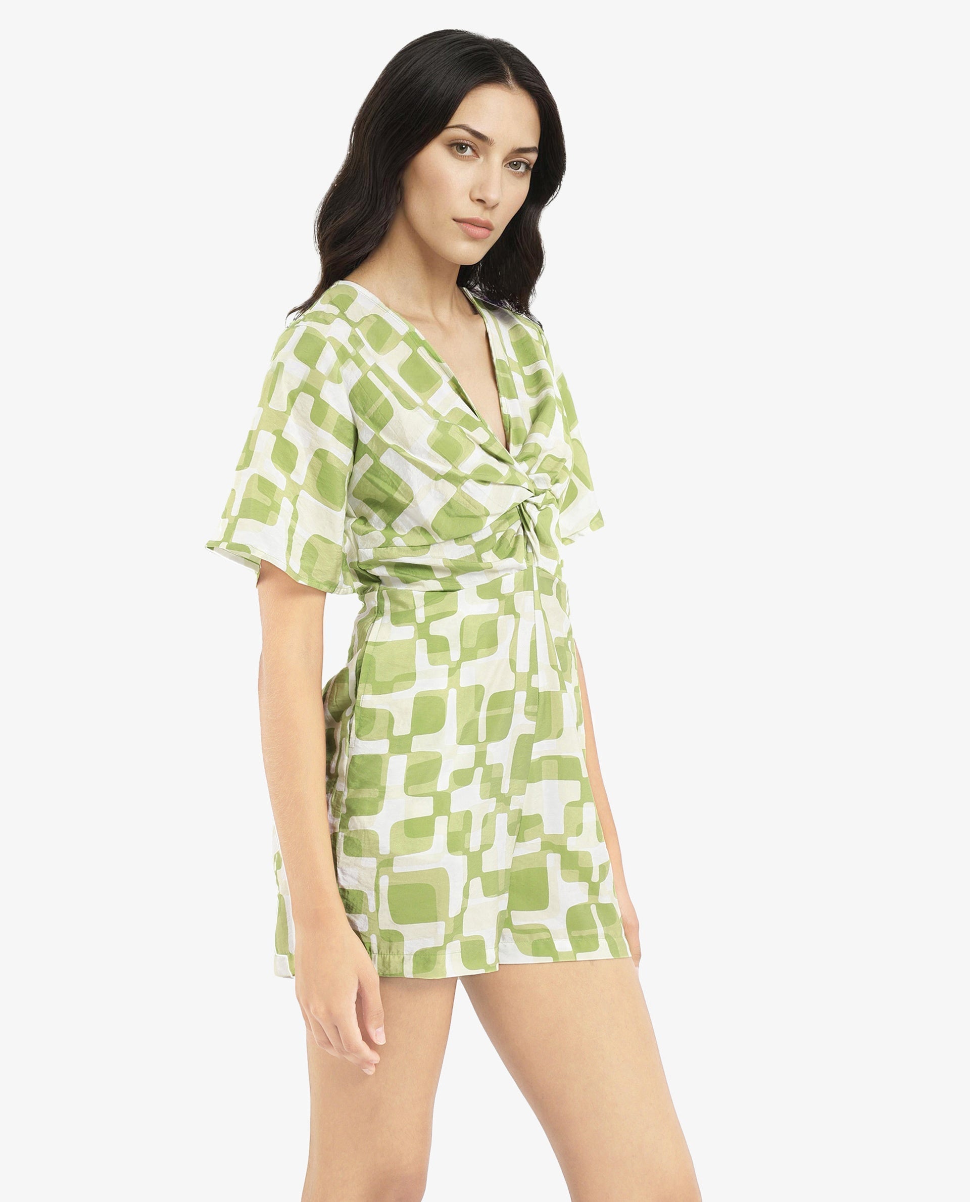 Rareism Women Padua Light Green Bishop Sleeve V-Neck Mini Geometric Print Play Suit