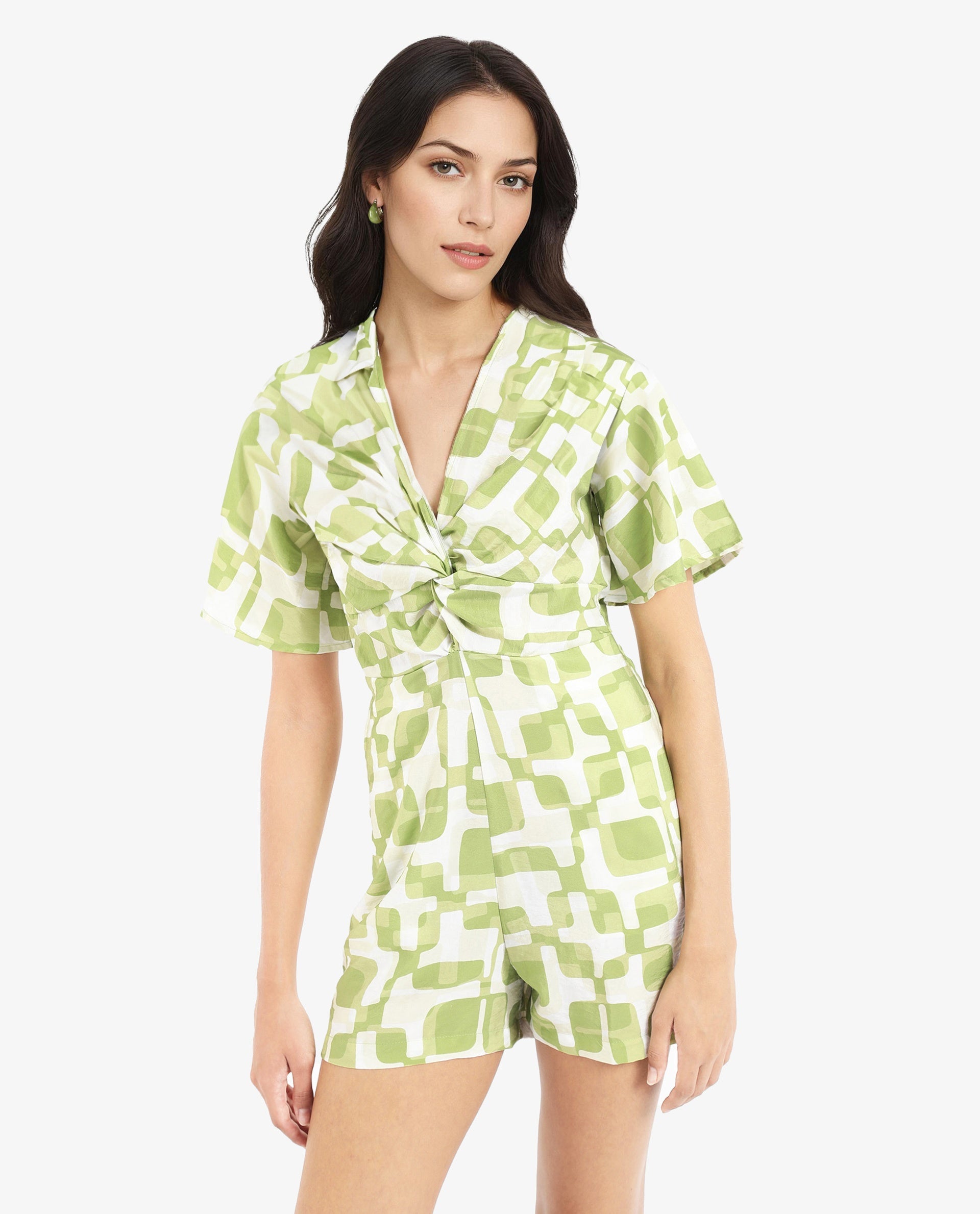 Rareism Women Padua Light Green Bishop Sleeve V-Neck Mini Geometric Print Play Suit