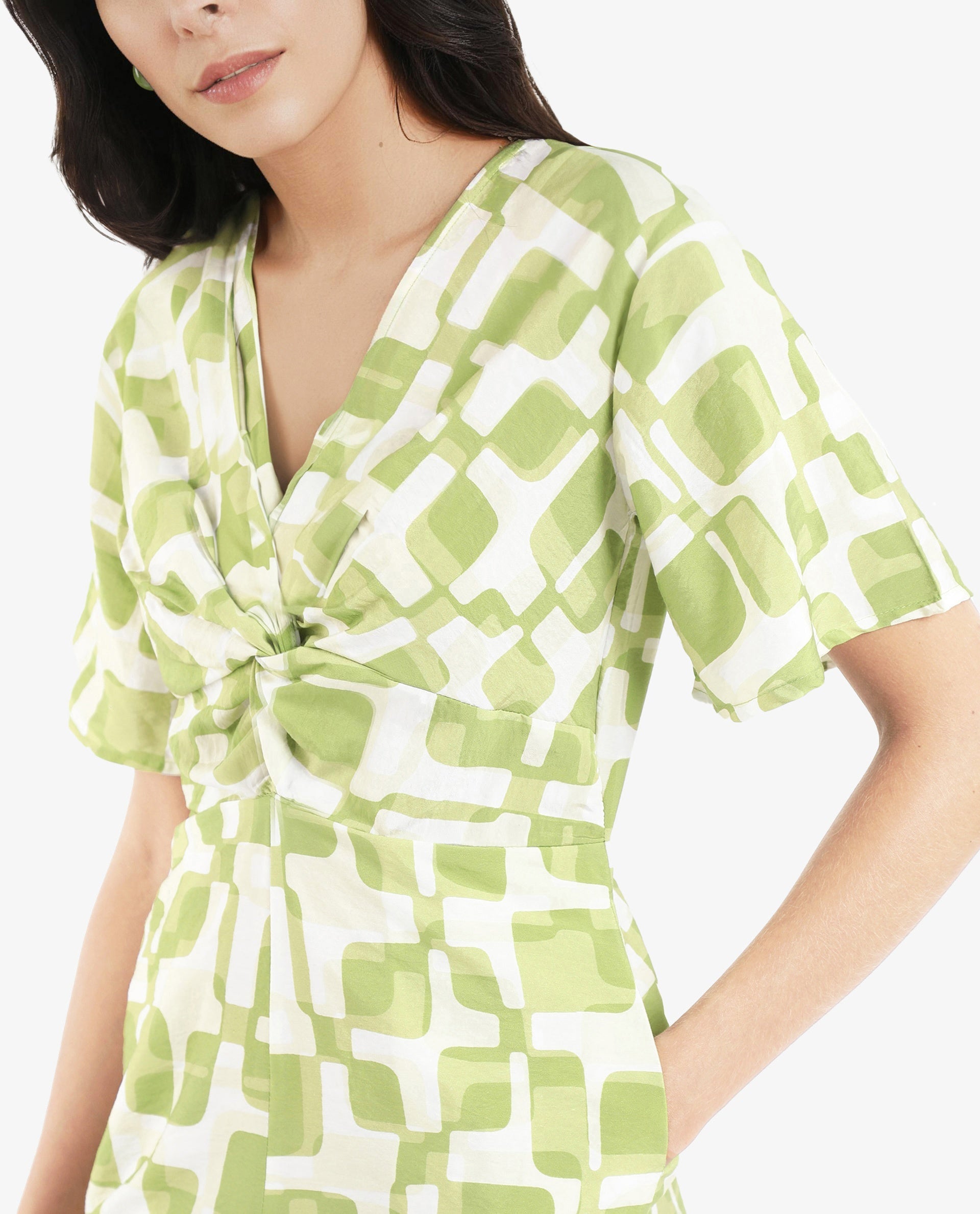 Rareism Women Padua Light Green Bishop Sleeve V-Neck Mini Geometric Print Play Suit