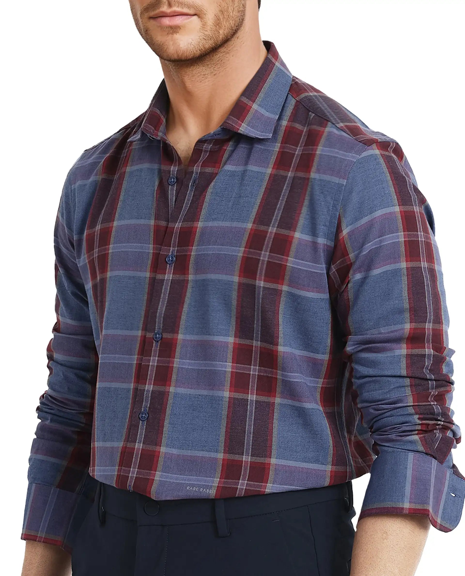 Rare Rabbit Men's Paina Red Cotton Fabric Full Sleeves Regular Fit Twill Dupplin Checks Shirt