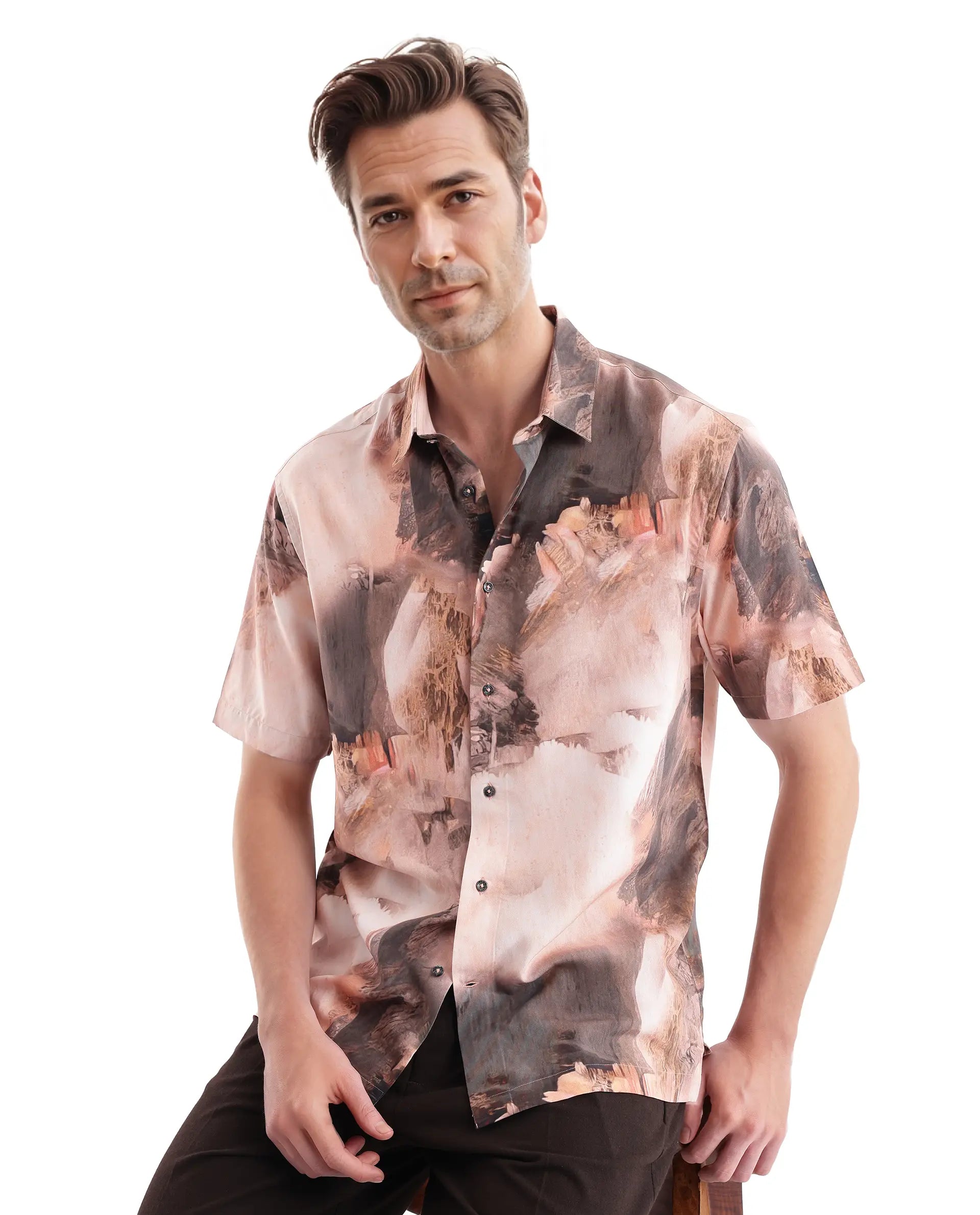 Rare Rabbit Men Painter Peach Cotton Fabric Full Sleeve Collared Neck Button Closure Slim Fit Printed Shirt