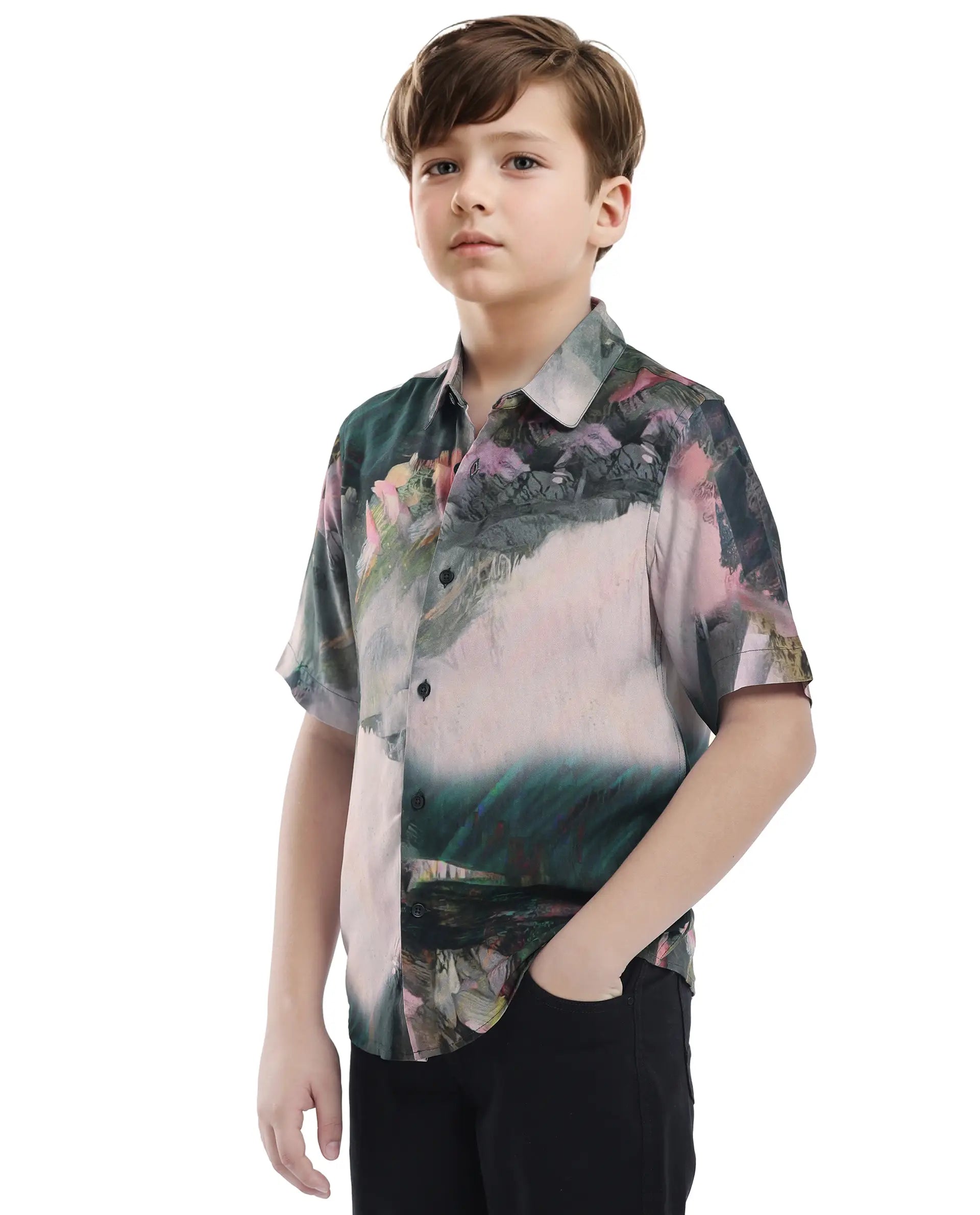 Rare Ones Kids Paint Green Viscose Half Sleeve Button Printed Regular Fit Shirt