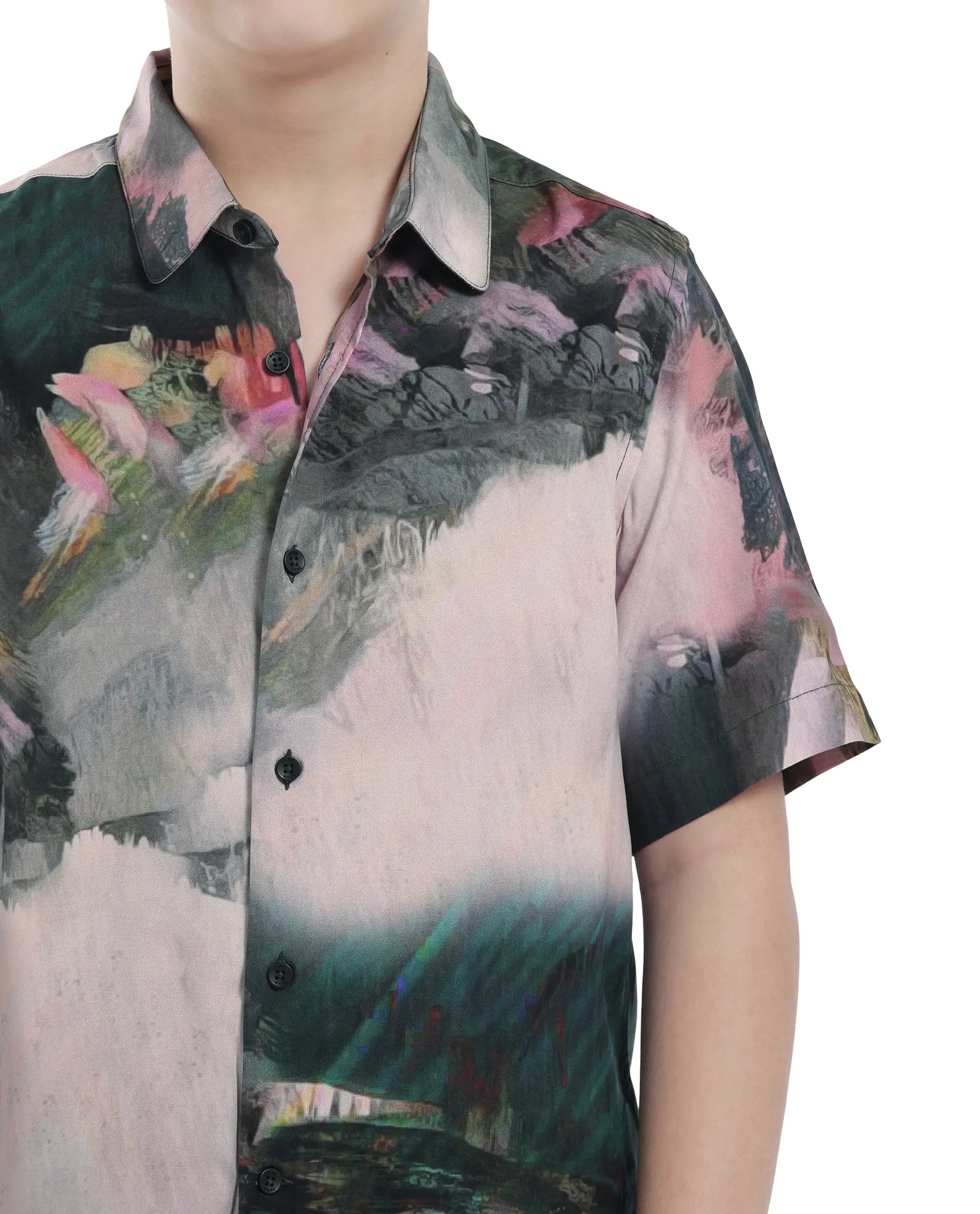 Rare Ones Kids Paint Green Viscose Half Sleeve Button Printed Regular Fit Shirt