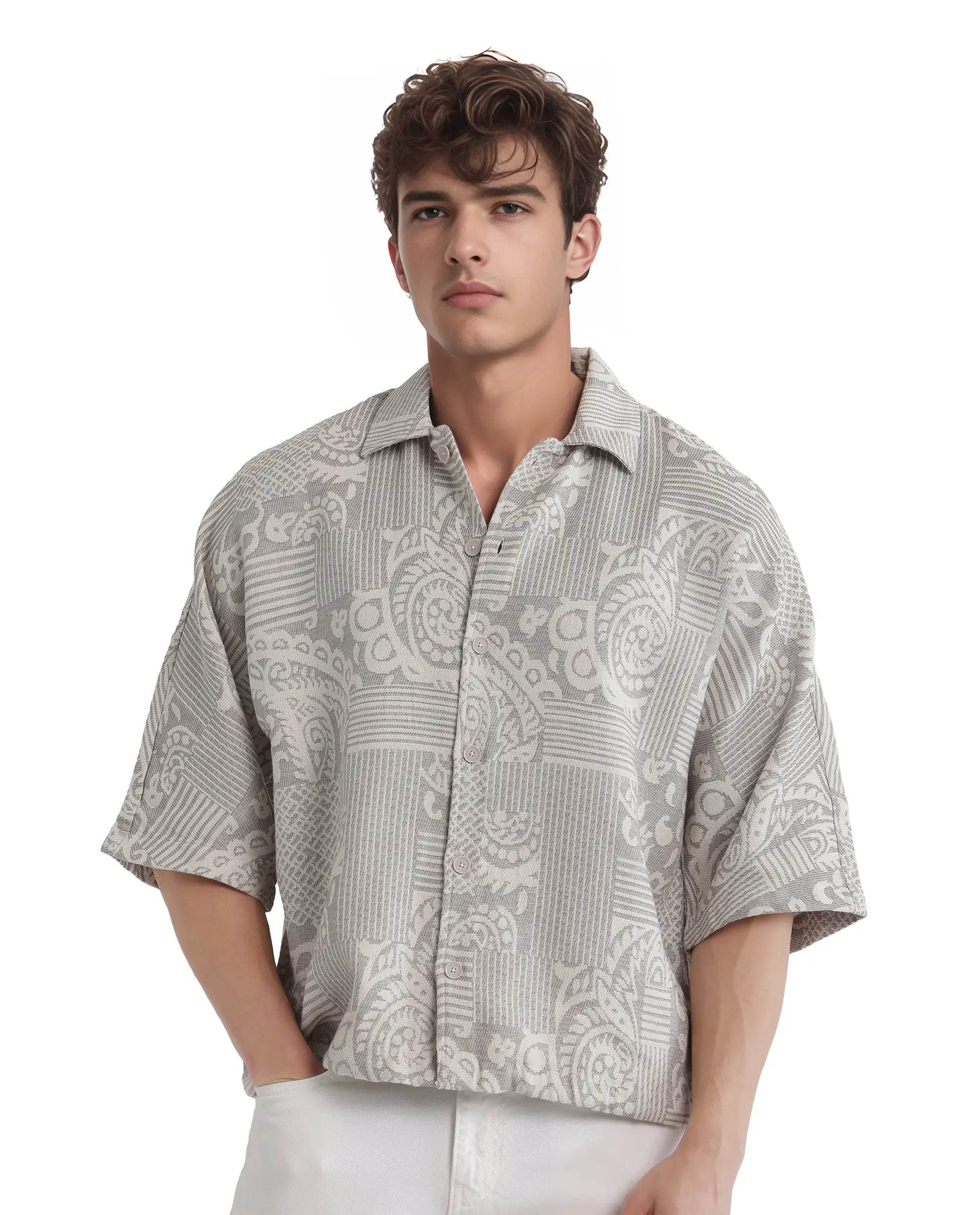 Rare Rabbit Men's Paisit Grey Cotton Fabric Short Sleeve Cuban Collared Button Closure Jacquard Shirt