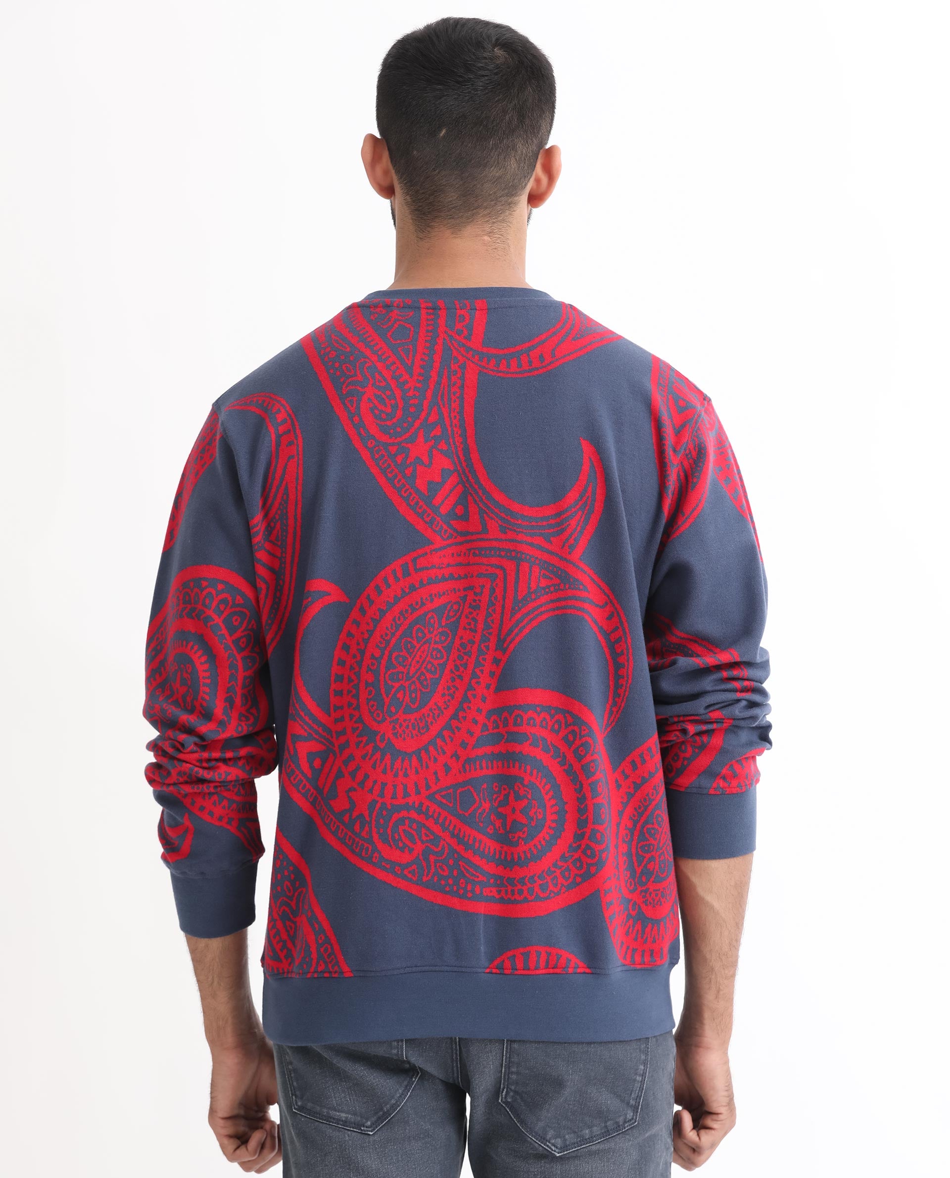 Rare Rabbit Men's Paiza Dusky Blue Cotton Polyester Fabric Full Sleeves Paisley Print Knitted Sweatshirt
