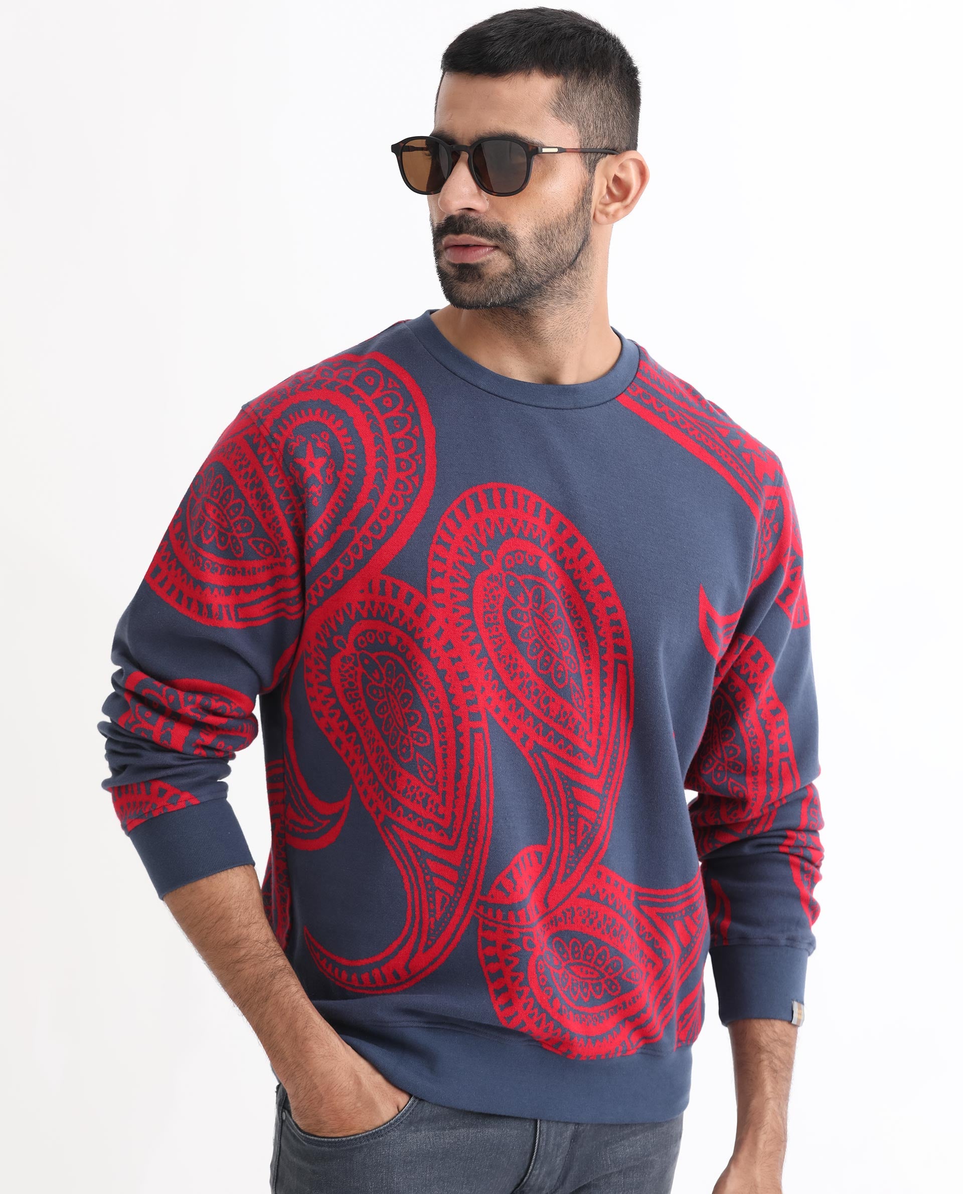 Rare Rabbit Men's Paiza Dusky Blue Cotton Polyester Fabric Full Sleeves Paisley Print Knitted Sweatshirt