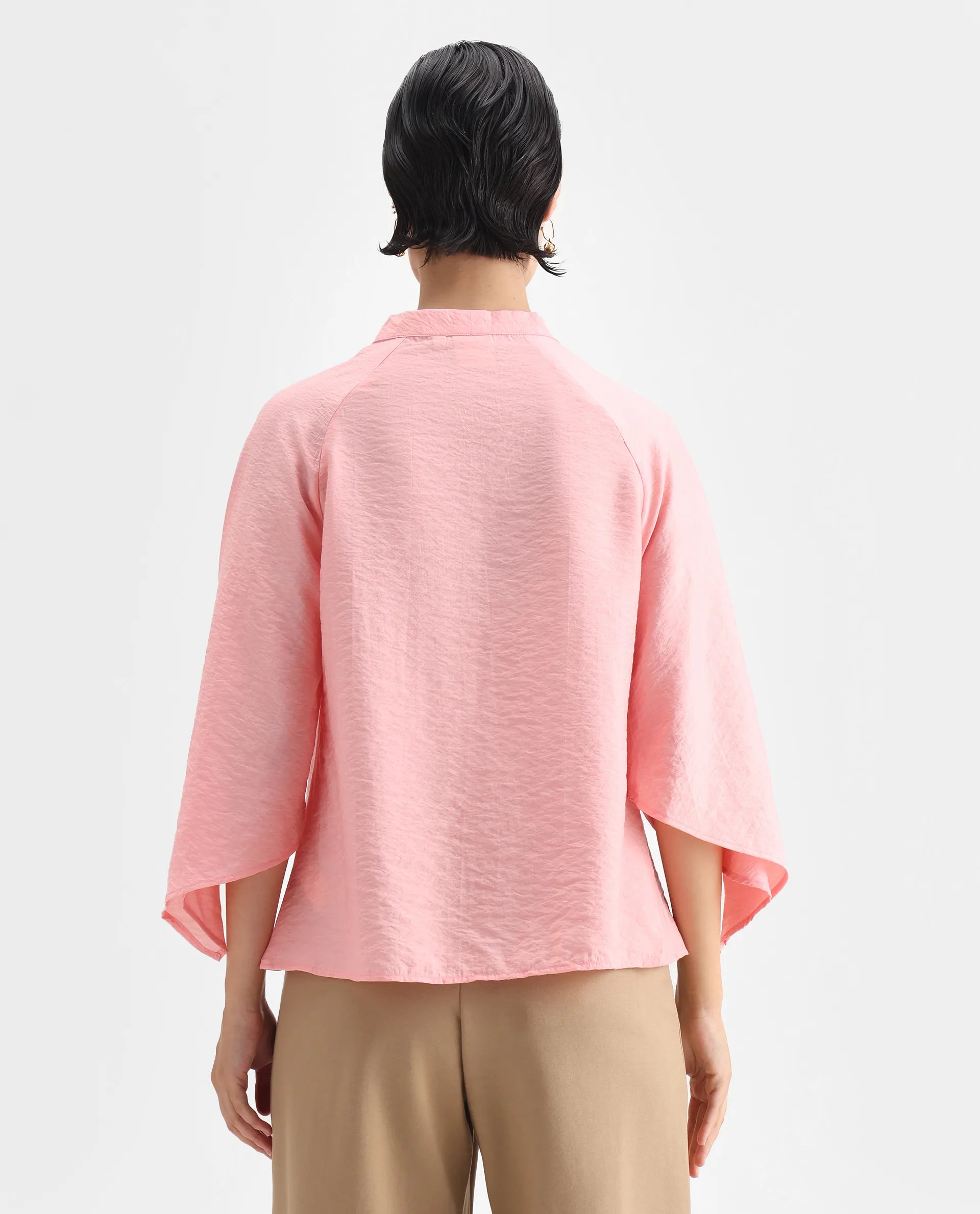 Rareism Women's Palak Light Peach Nylon Blend V-Neck Plain Raglan Sleeve Regular Fit Top