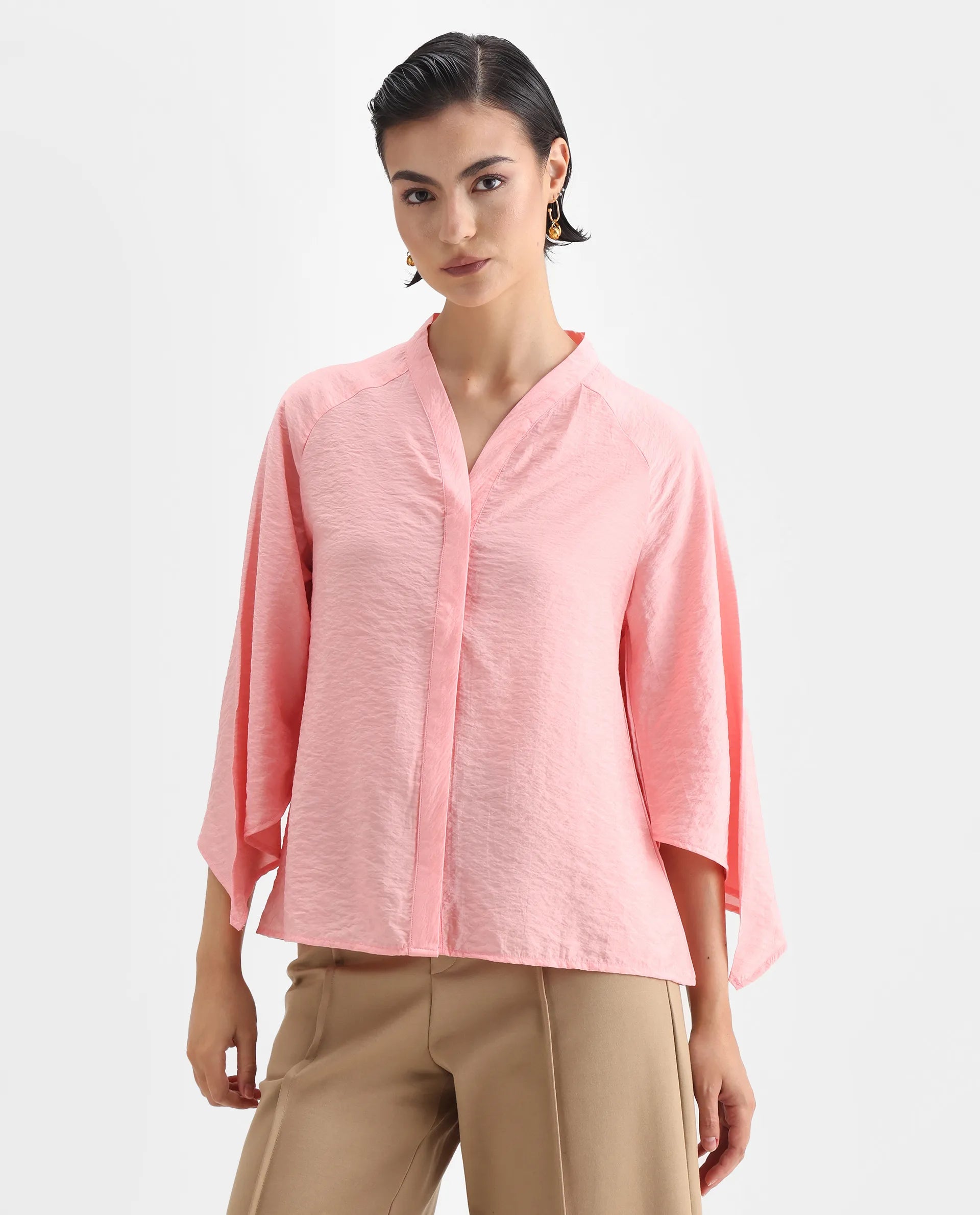 Rareism Women's Palak Light Peach Nylon Blend V-Neck Plain Raglan Sleeve Regular Fit Top