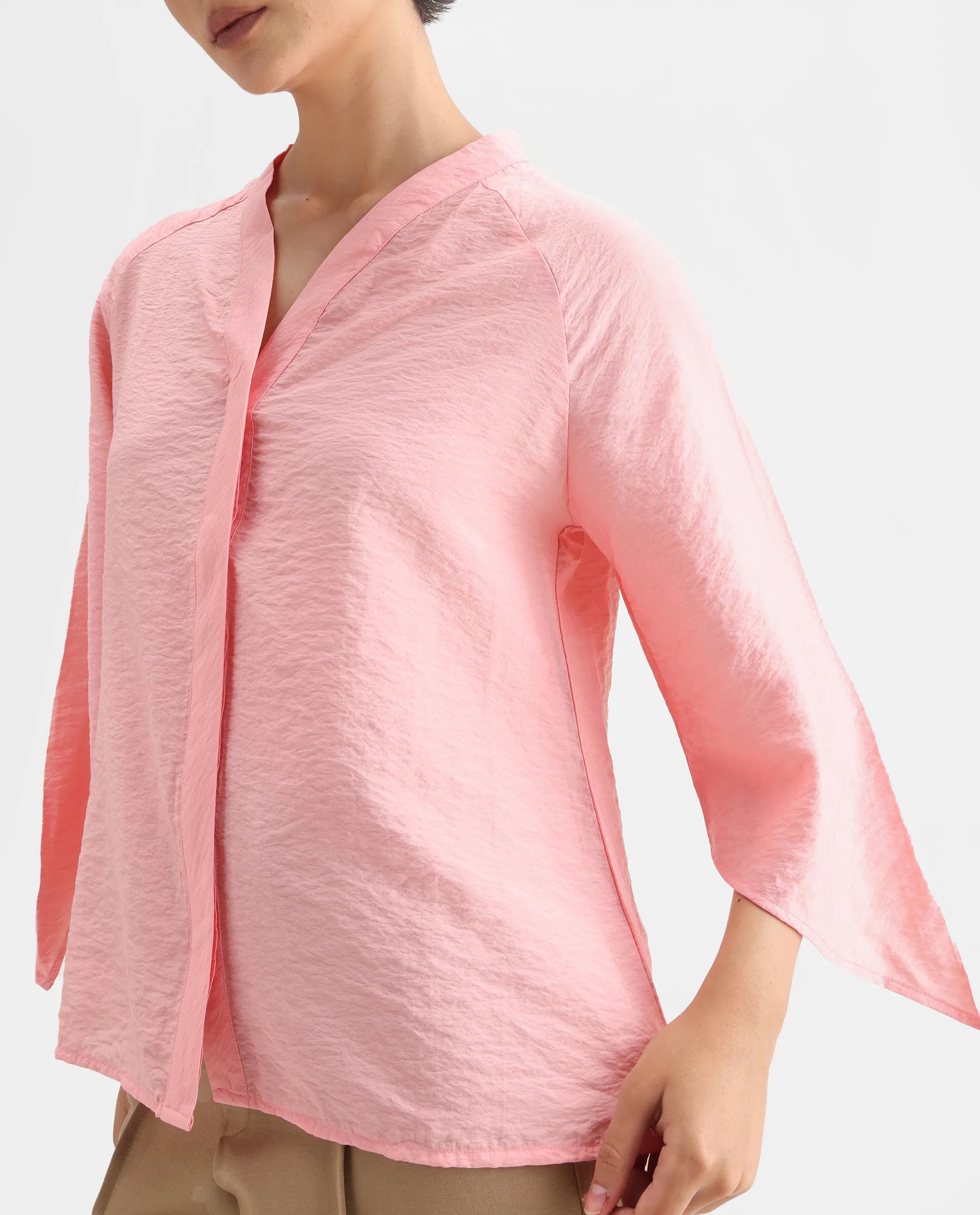 Rareism Women's Palak Light Peach Nylon Blend V-Neck Plain Raglan Sleeve Regular Fit Top