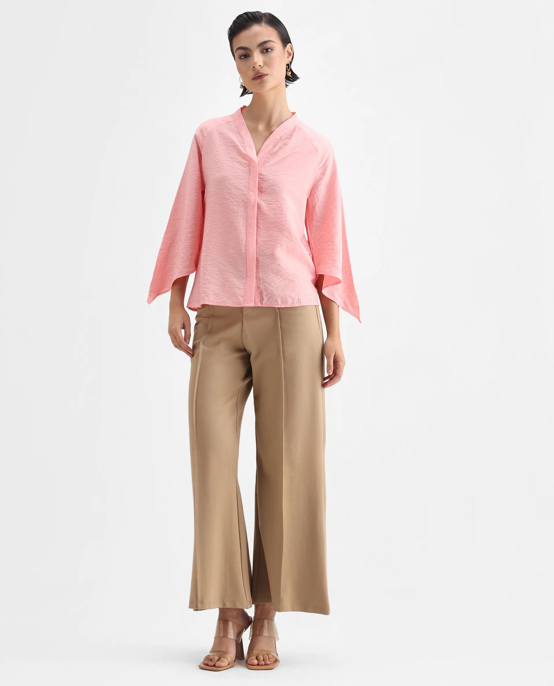 Rareism Women's Palak Light Peach Nylon Blend V-Neck Plain Raglan Sleeve Regular Fit Top