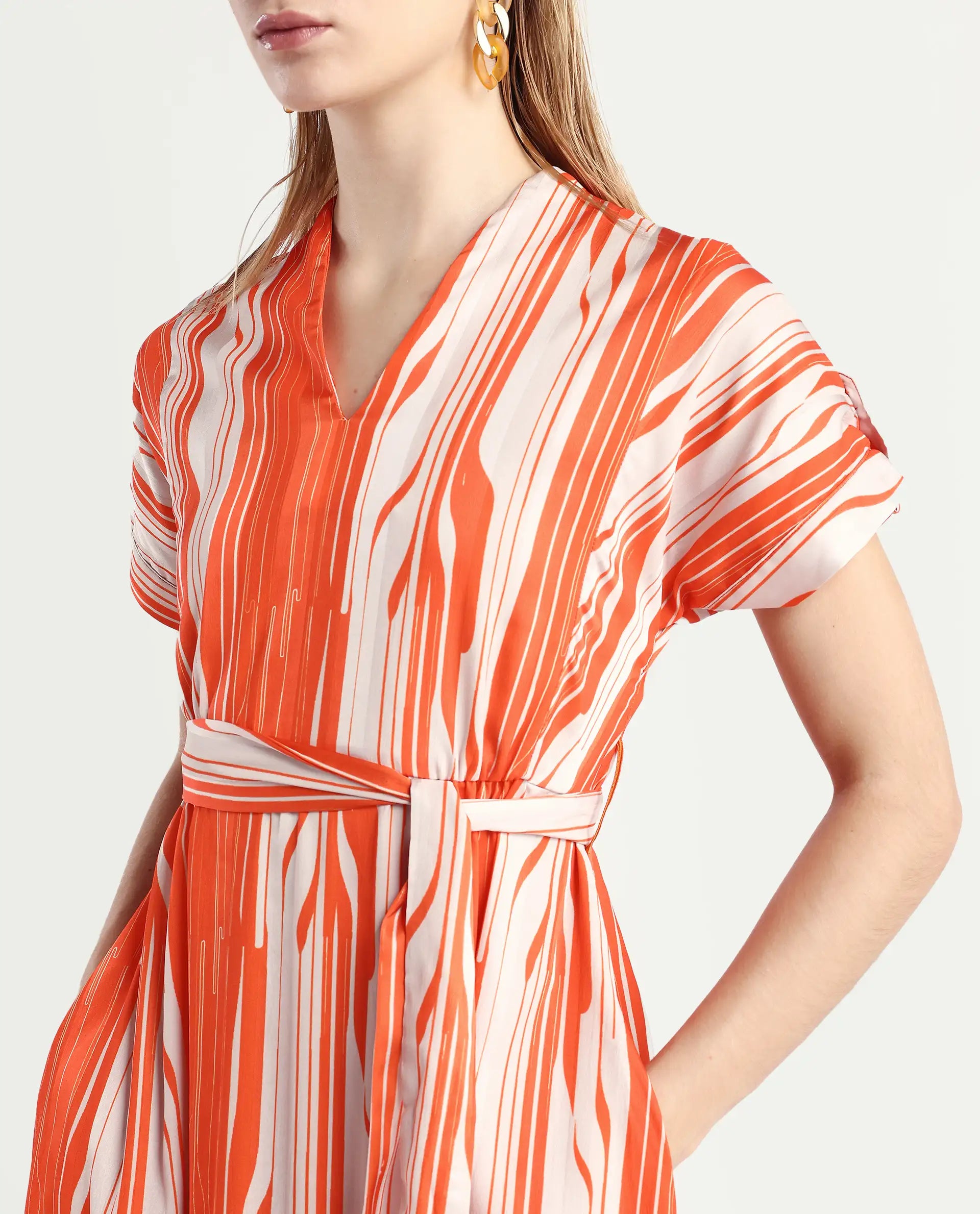 Rareism Women's Palbe Orange Polyester V-Neck Abstract Print Extended Sleeves Knee Length Regular Fit Dress