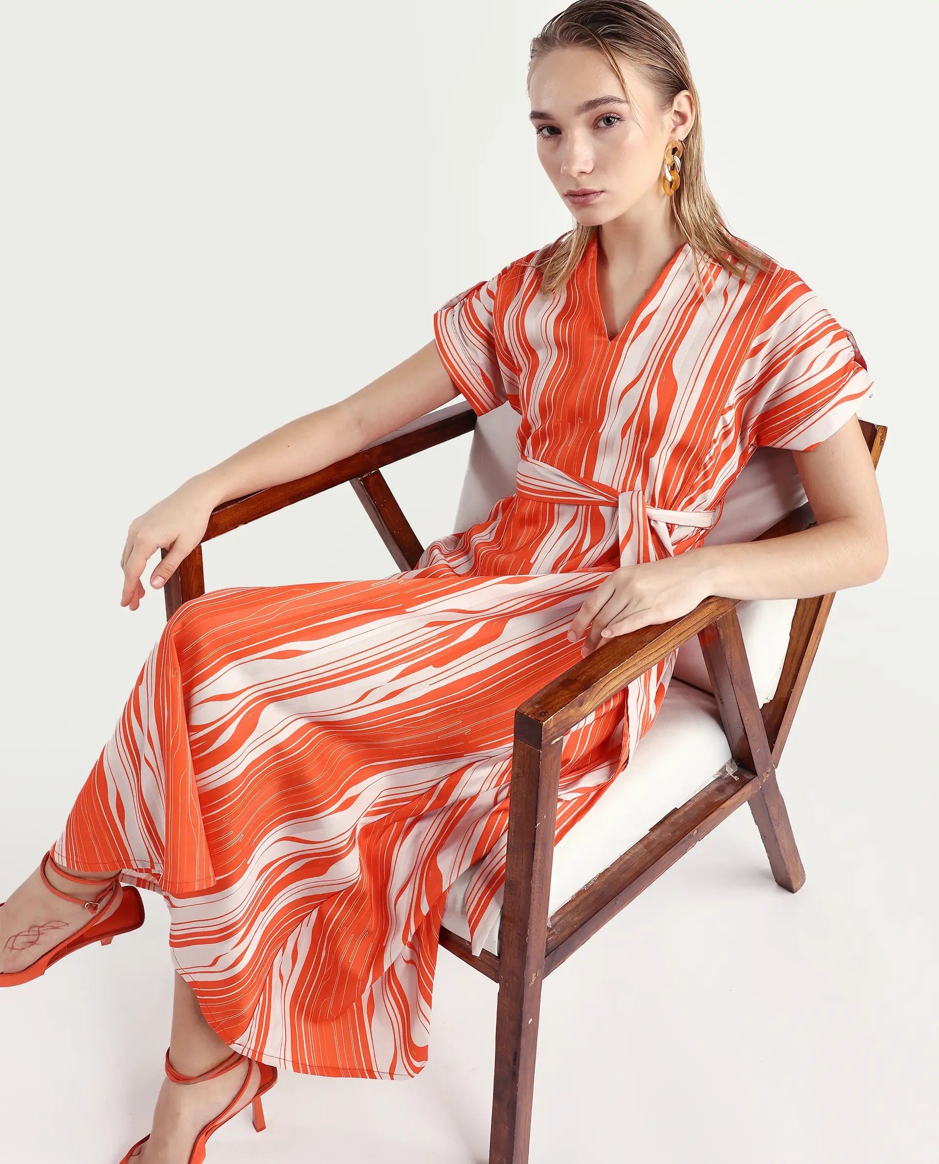 Rareism Women's Palbe Orange Polyester V-Neck Abstract Print Extended Sleeves Knee Length Regular Fit Dress
