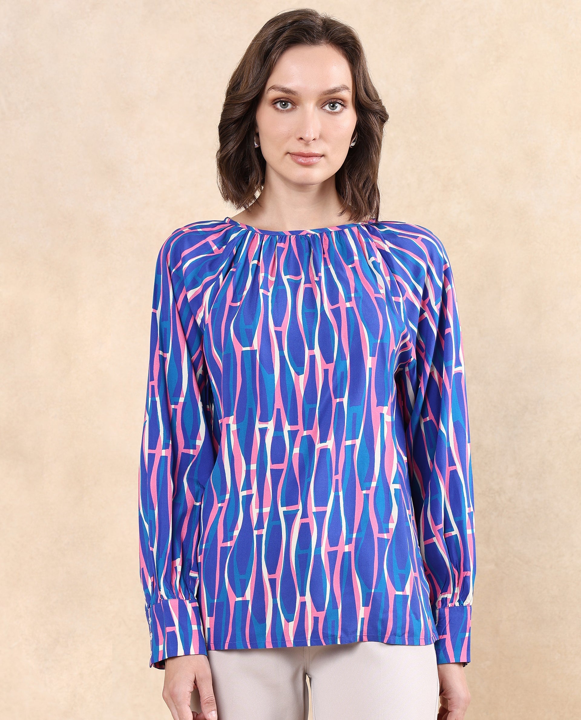 Rareism Women Palermo Multi Raglan Sleeves Crew Neck Abstract Print Top