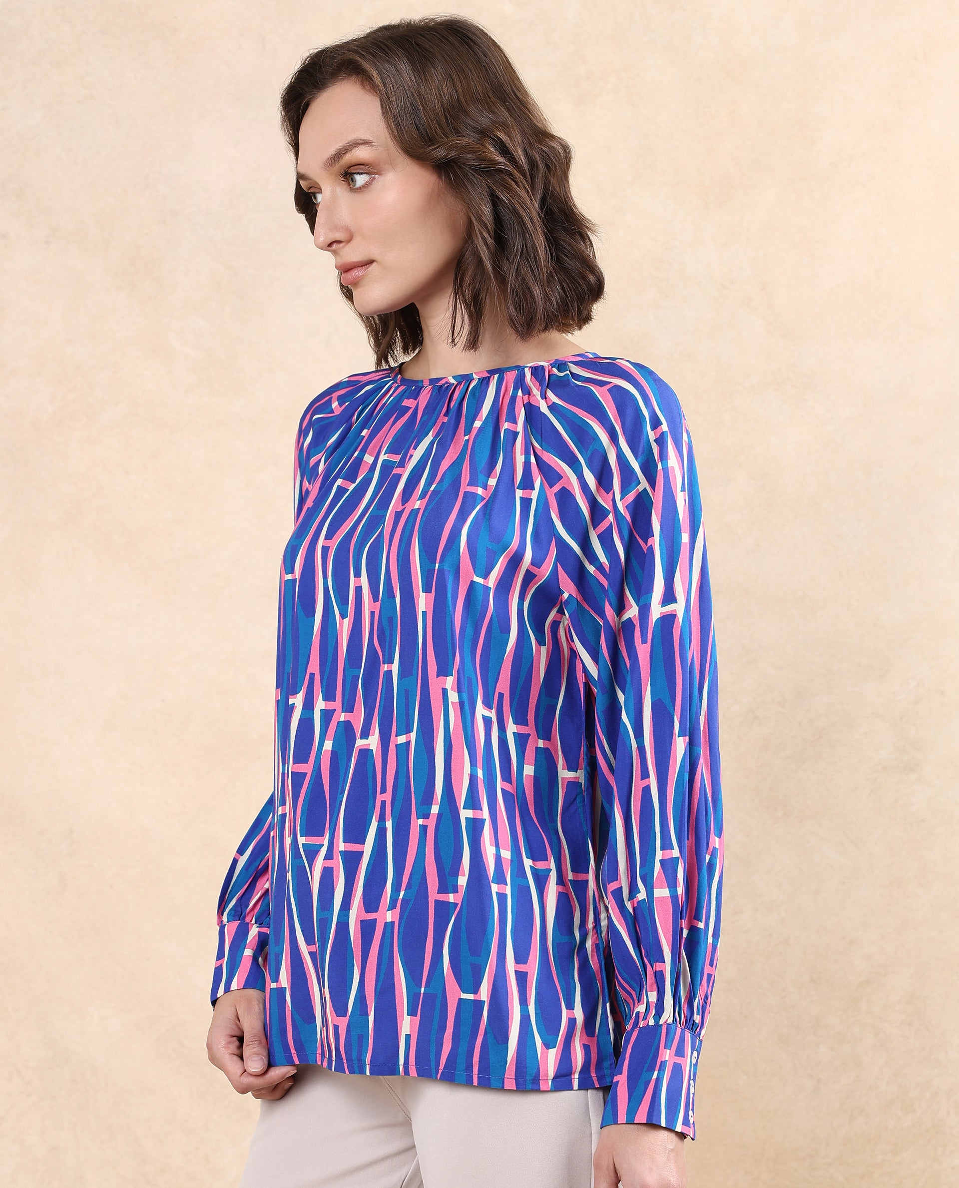 Rareism Women Palermo Multi Raglan Sleeves Crew Neck Abstract Print Top