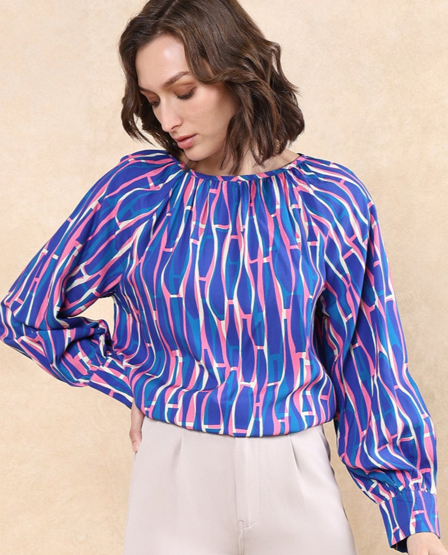 Rareism Women Palermo Multi Raglan Sleeves Crew Neck Abstract Print Top