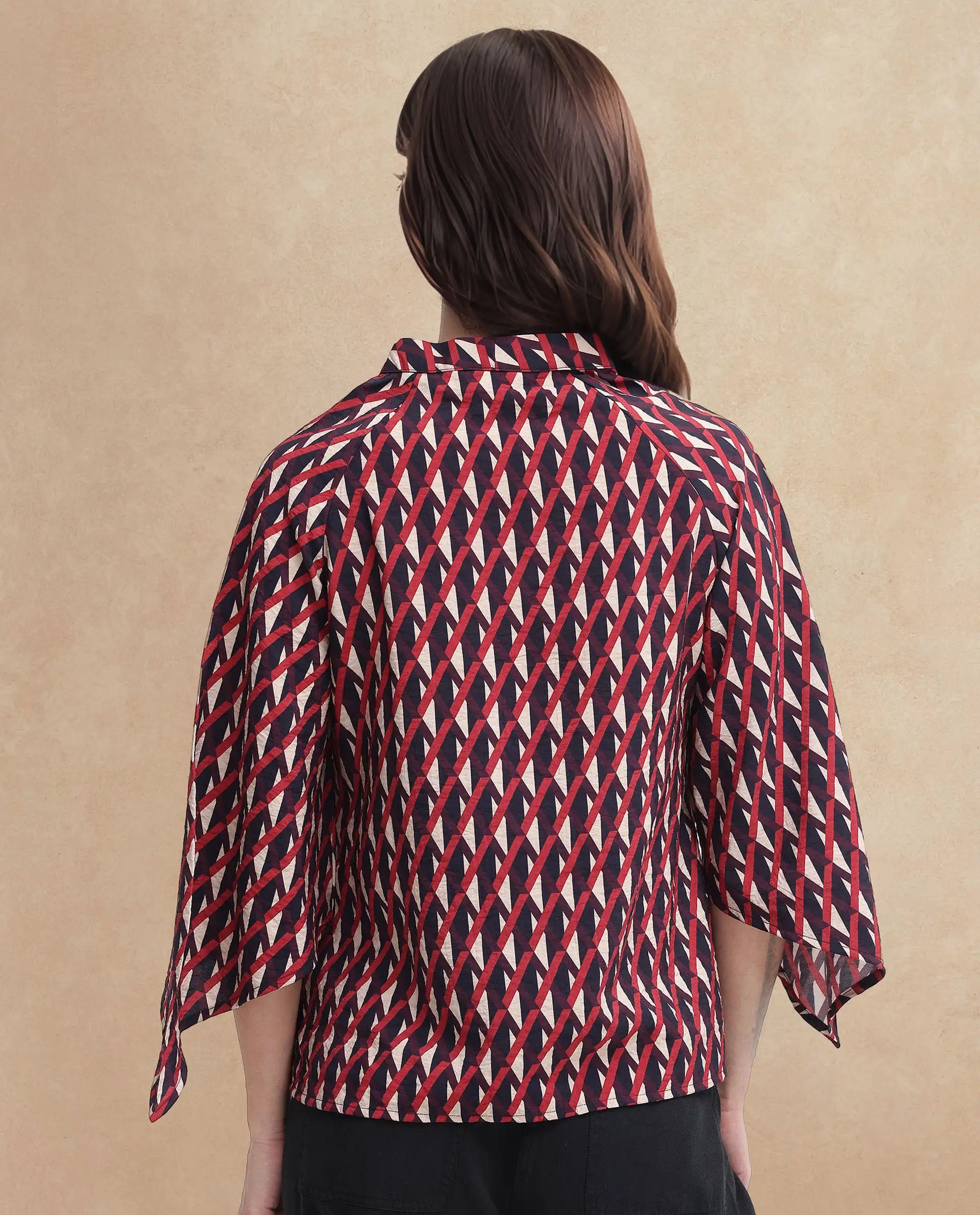 Rareism Women's Palin Dark Multi Nylon Blend V-Neck Geometric Print Raglan Sleeve Regular Fit Top