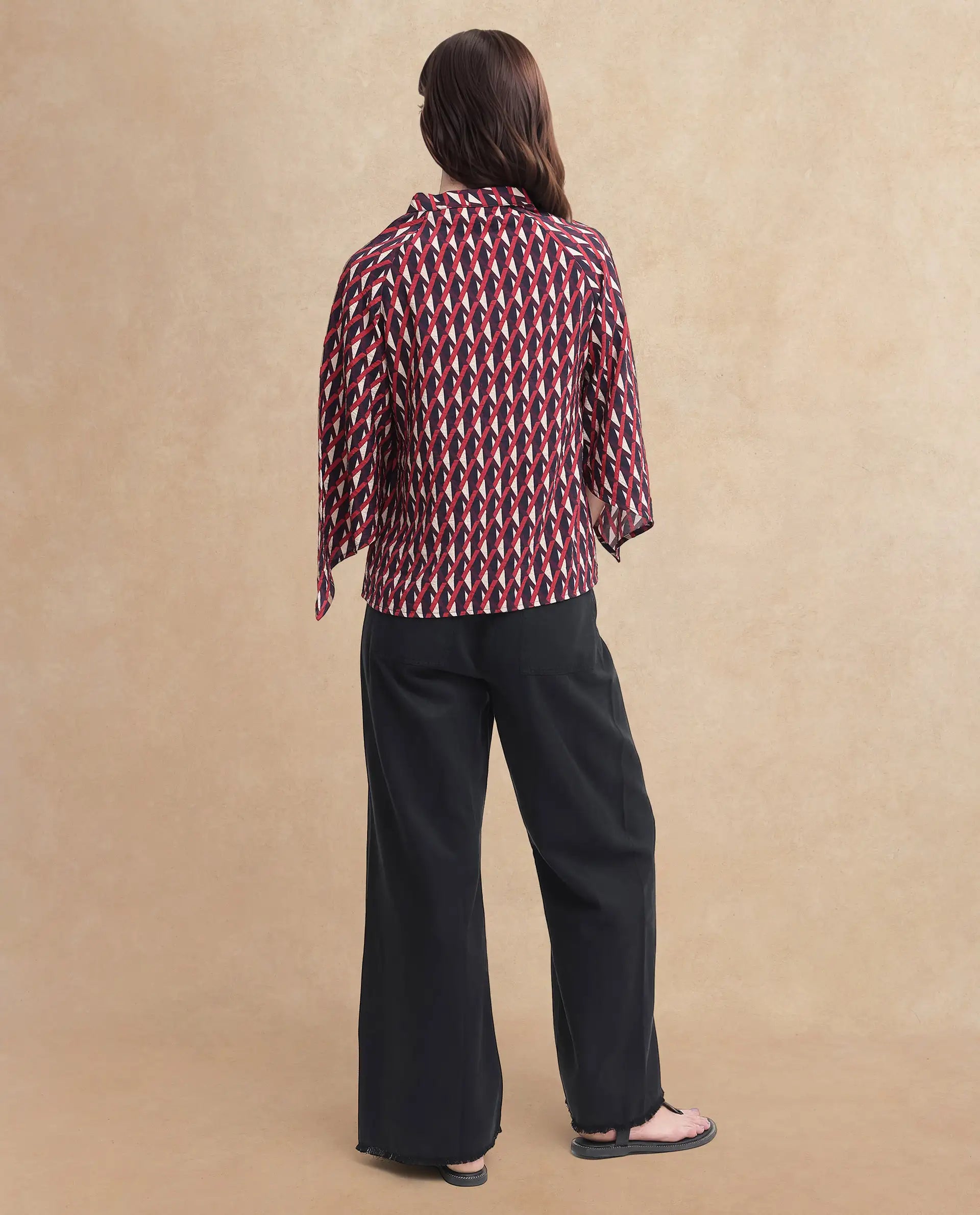 Rareism Women's Palin Dark Multi Nylon Blend V-Neck Geometric Print Raglan Sleeve Regular Fit Top