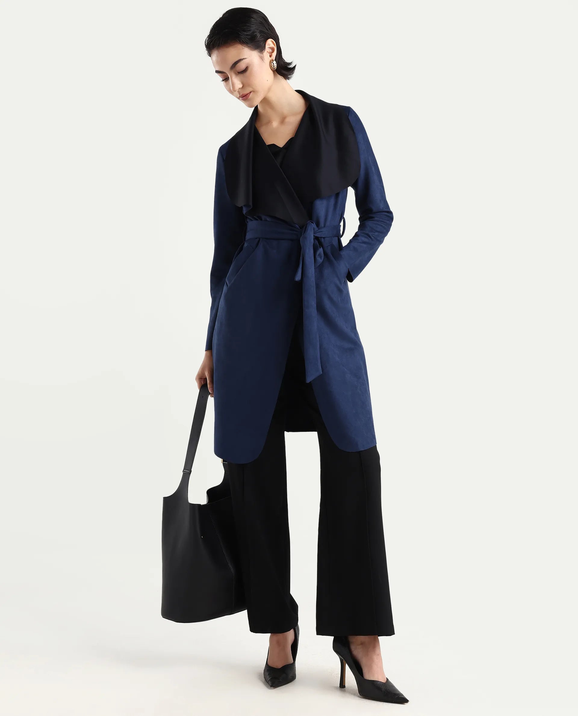 Rareism Women's Palmer-25 Navy Polyester Blend Lapel Neck Regular Fit Coat