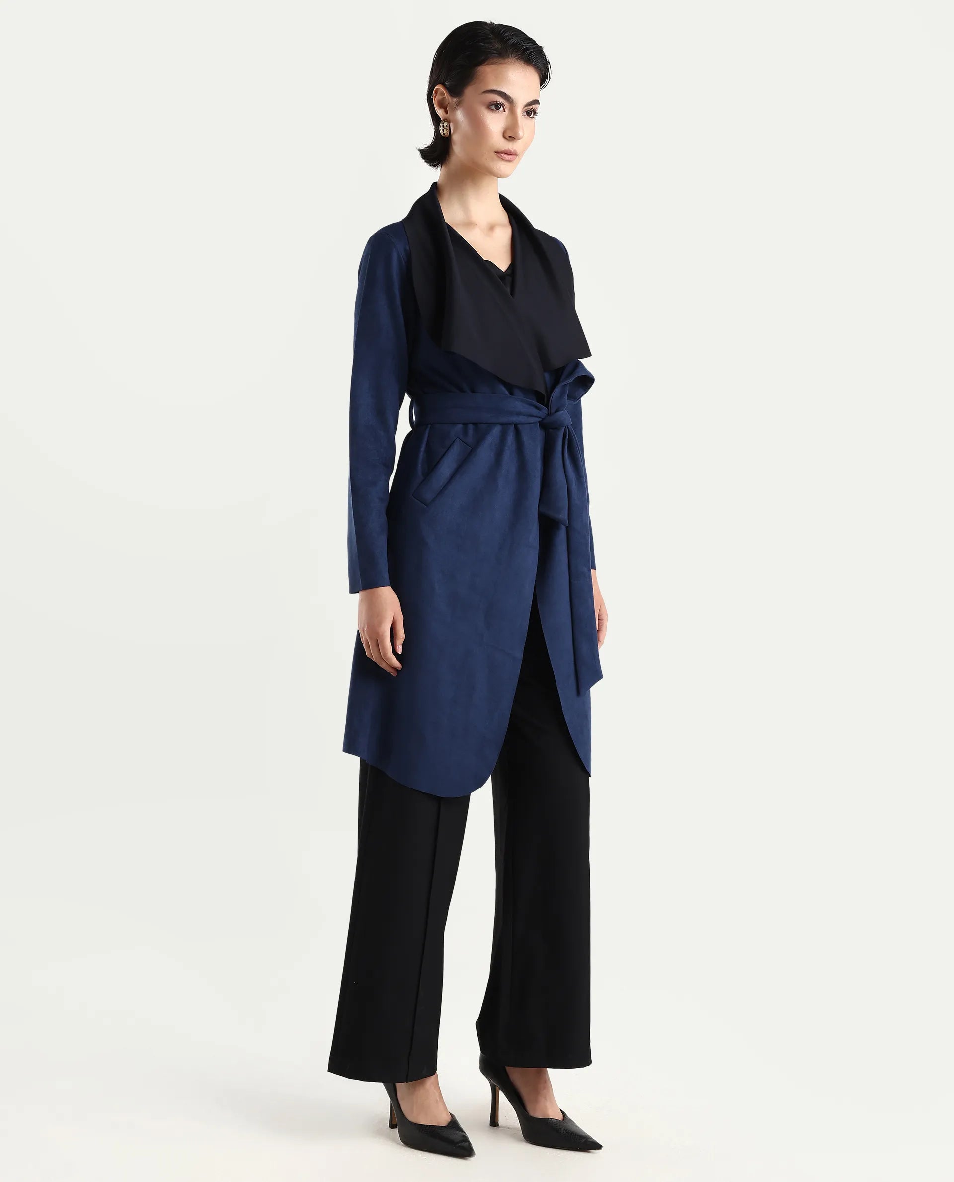 Rareism Women's Palmer-25 Navy Polyester Blend Lapel Neck Regular Fit Coat