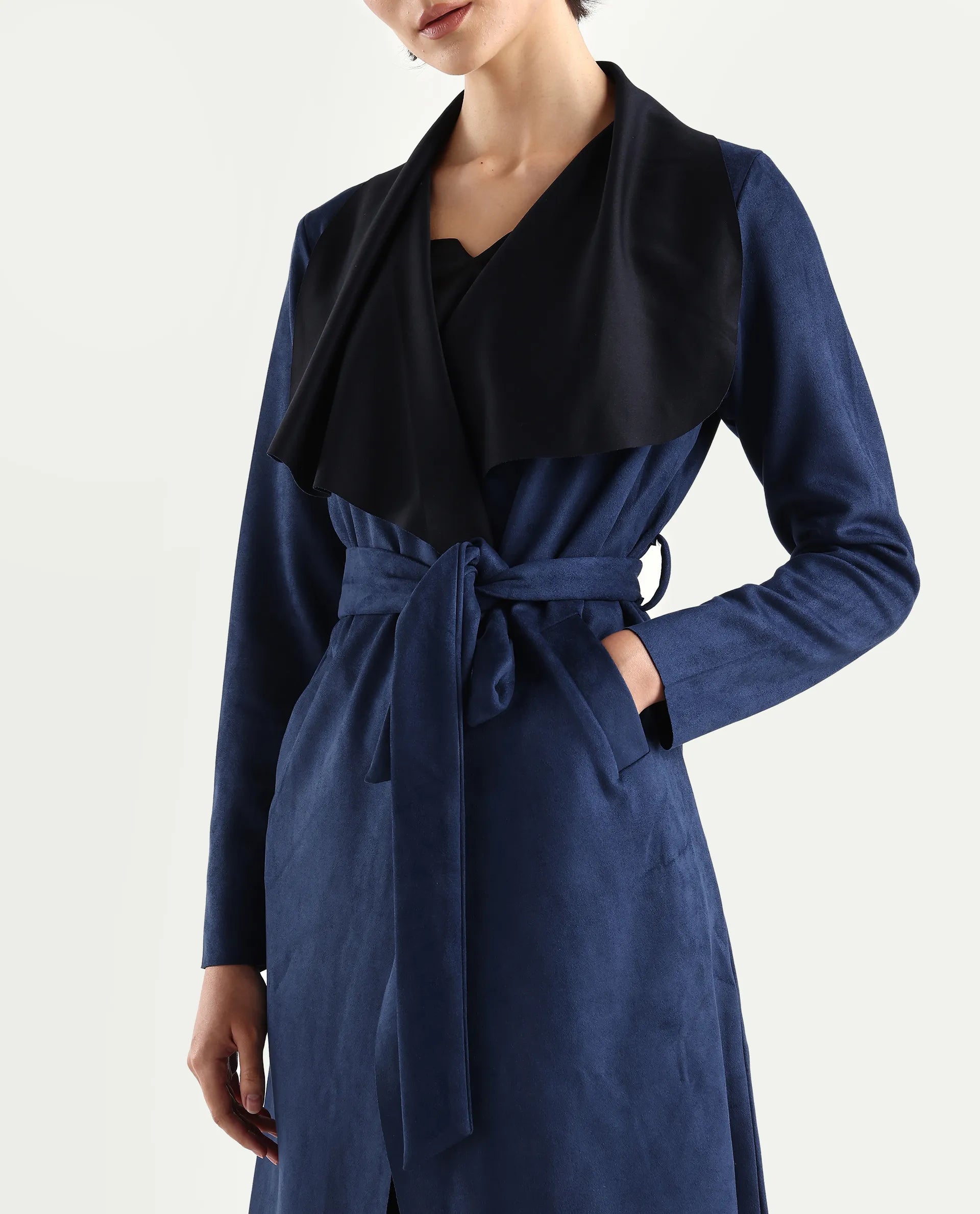 Rareism Women's Palmer-25 Navy Polyester Blend Lapel Neck Regular Fit Coat