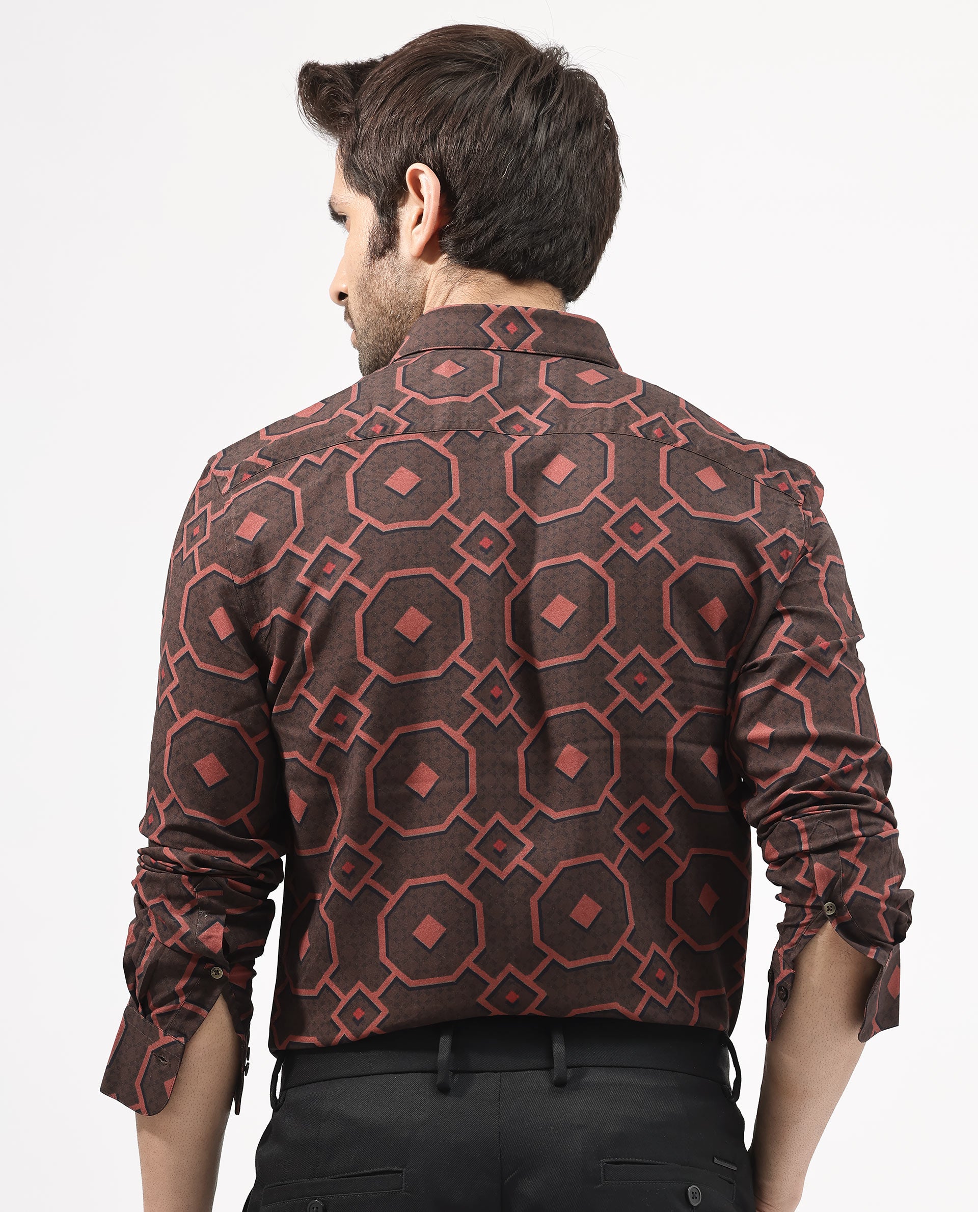 Rare Rabbit Mens Palmer Brown Full Sleeve Regular Collar Geometric Print Shirt