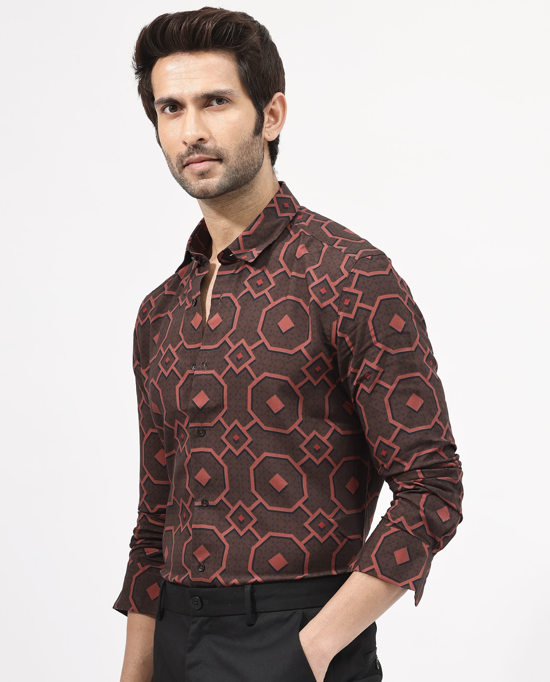 Rare Rabbit Mens Palmer Brown Full Sleeve Regular Collar Geometric Print Shirt