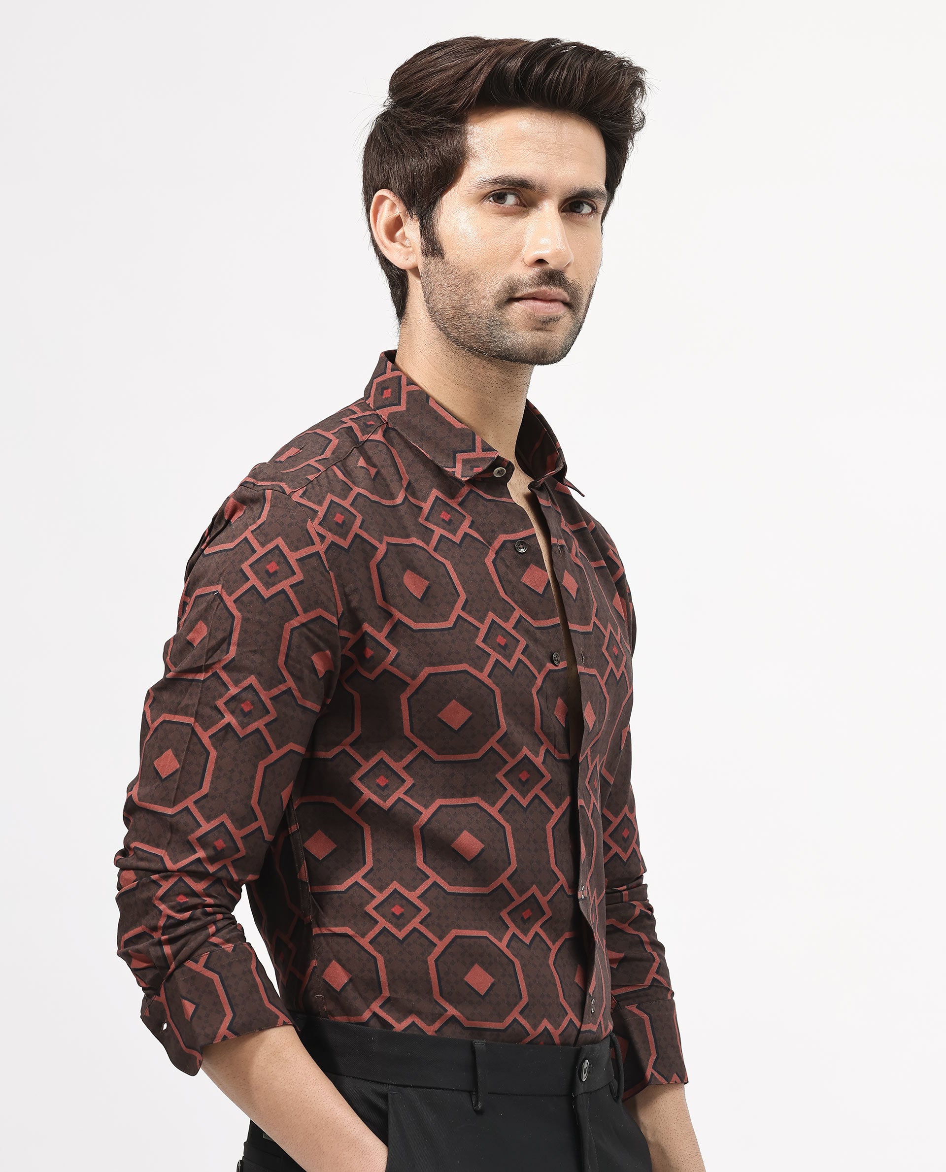 Rare Rabbit Mens Palmer Brown Full Sleeve Regular Collar Geometric Print Shirt