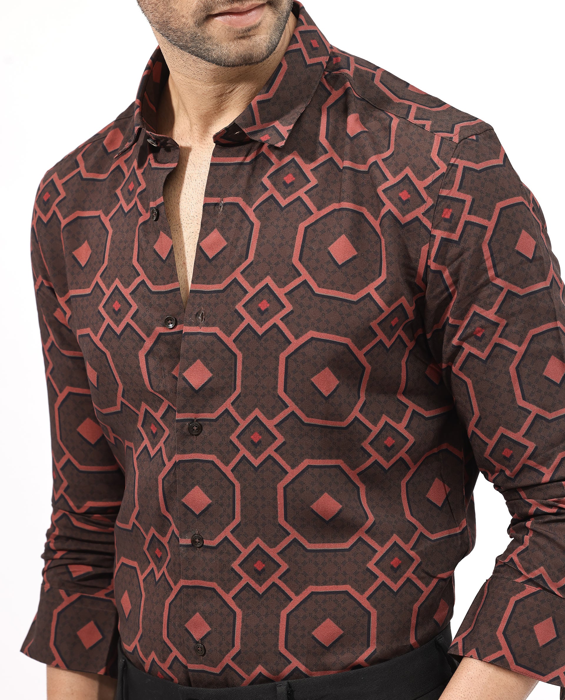 Rare Rabbit Mens Palmer Brown Full Sleeve Regular Collar Geometric Print Shirt