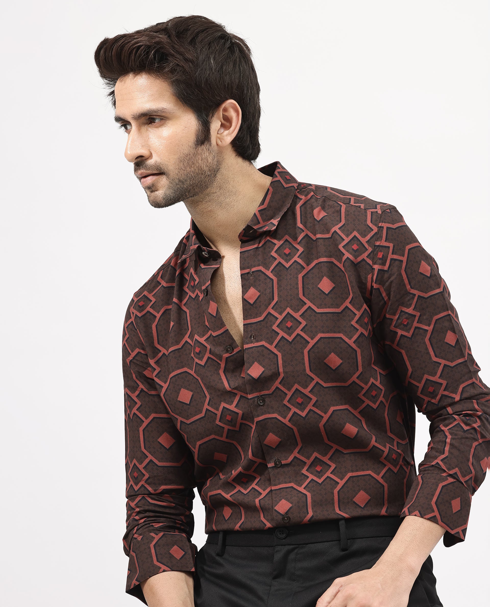 Rare Rabbit Mens Palmer Brown Full Sleeve Regular Collar Geometric Print Shirt