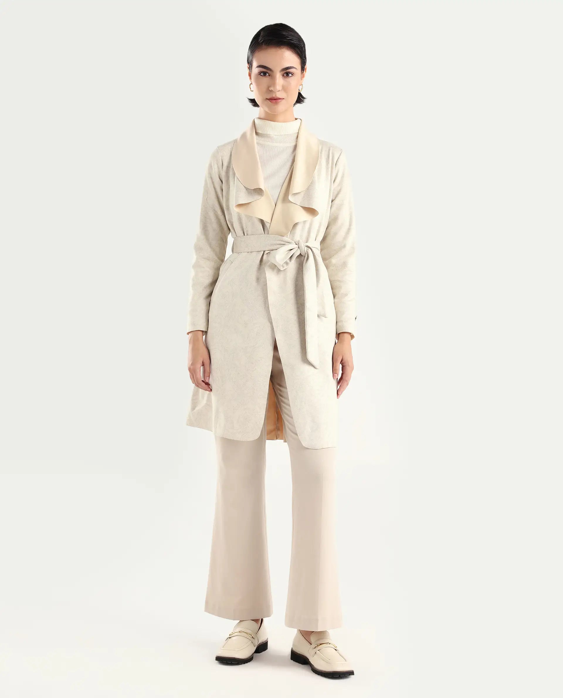 Rareism Women's Palmer 1 Beige Polyester Cutaway Collar Plain Knee Length Relaxed Fit Jacket