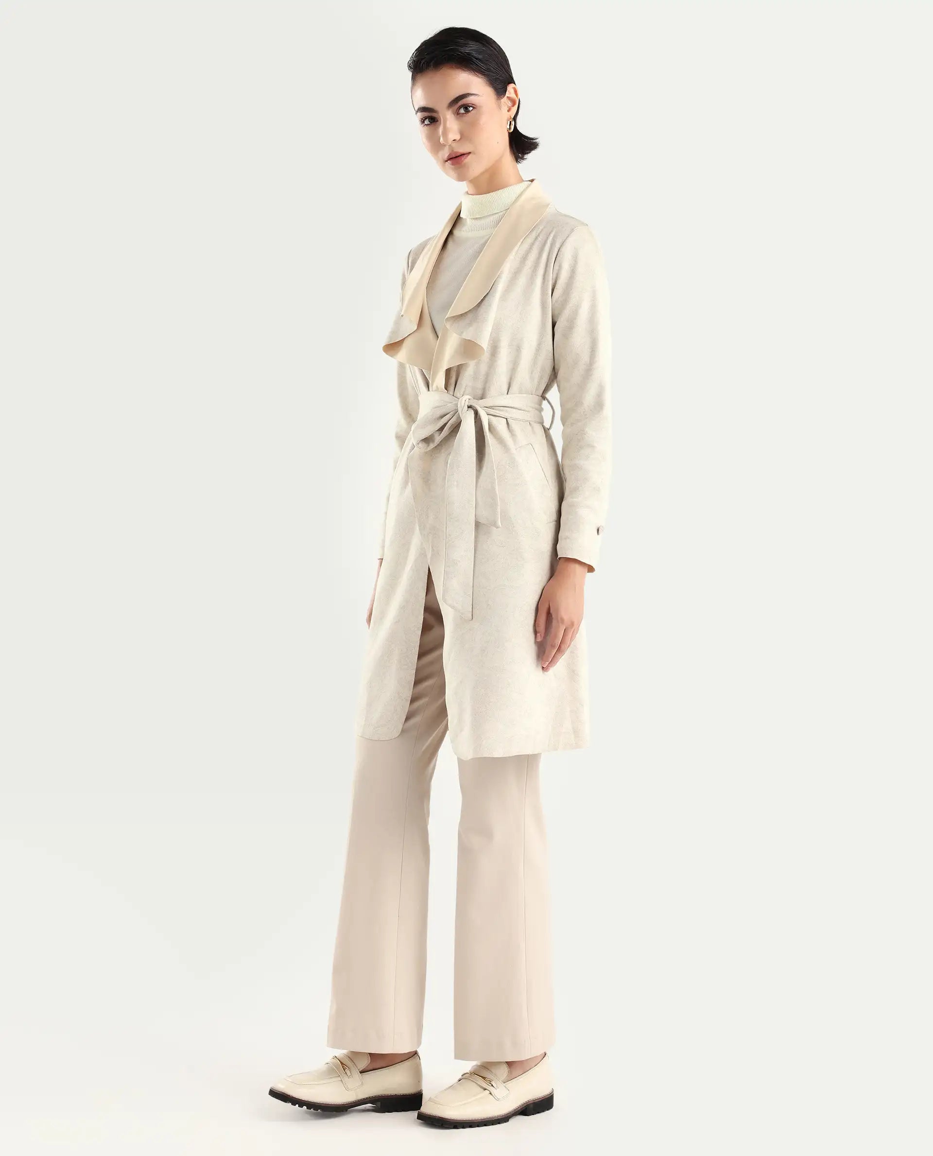 Rareism Women's Palmer 1 Beige Polyester Cutaway Collar Plain Knee Length Relaxed Fit Jacket