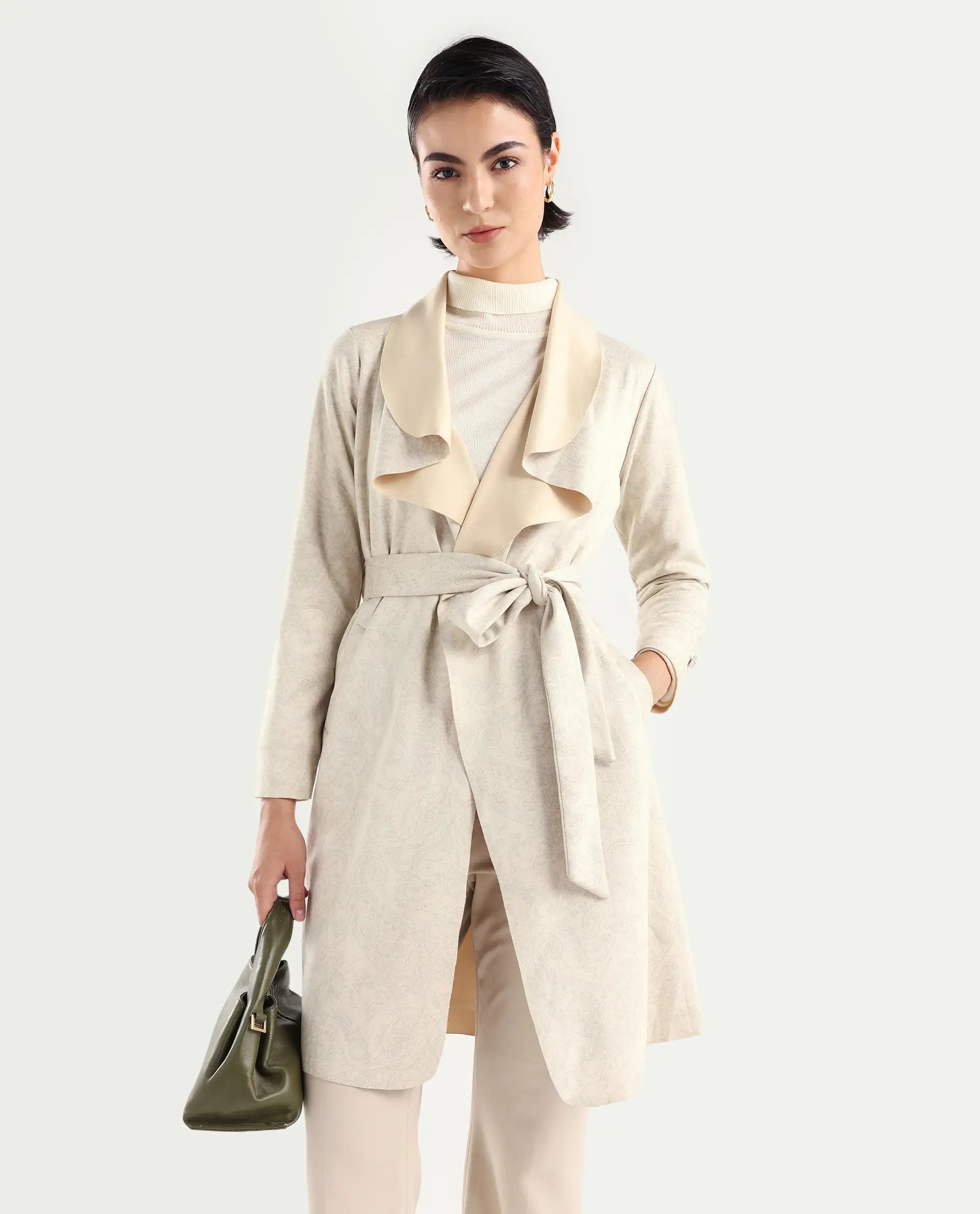 Rareism Women's Palmer 1 Beige Polyester Cutaway Collar Plain Knee Length Relaxed Fit Jacket