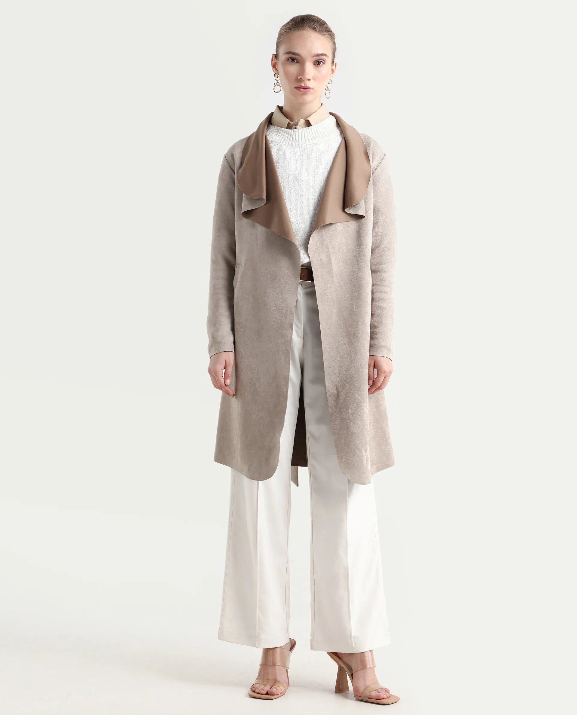 Rareism Women's Palmer-25 Off White Polyester Blend Fabric Lapel Neck Regular Fit Coat