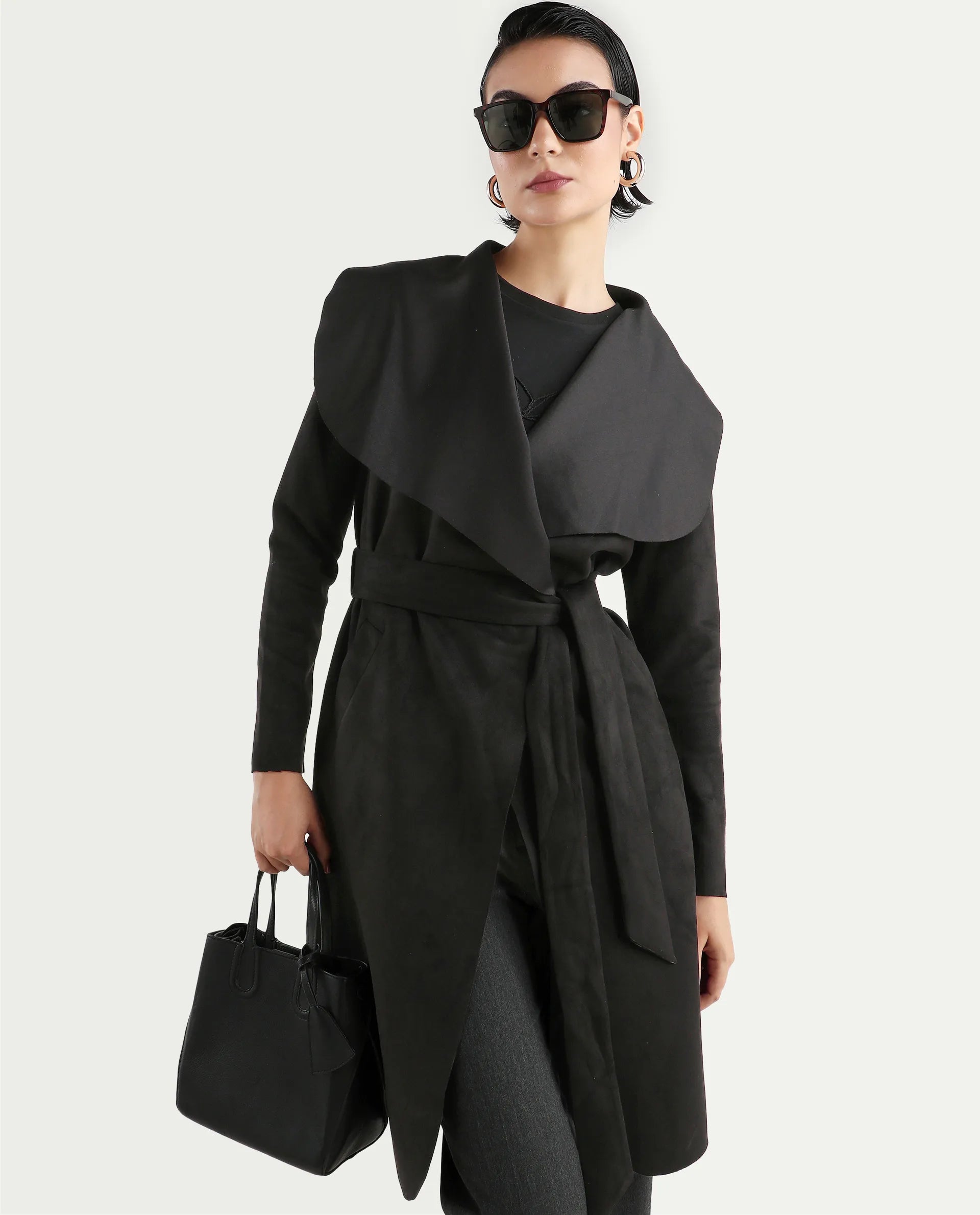 Rareism Women's Palmer 2 Black Suede Waterfall Neck Plain Midi Boxy Fit Jacket