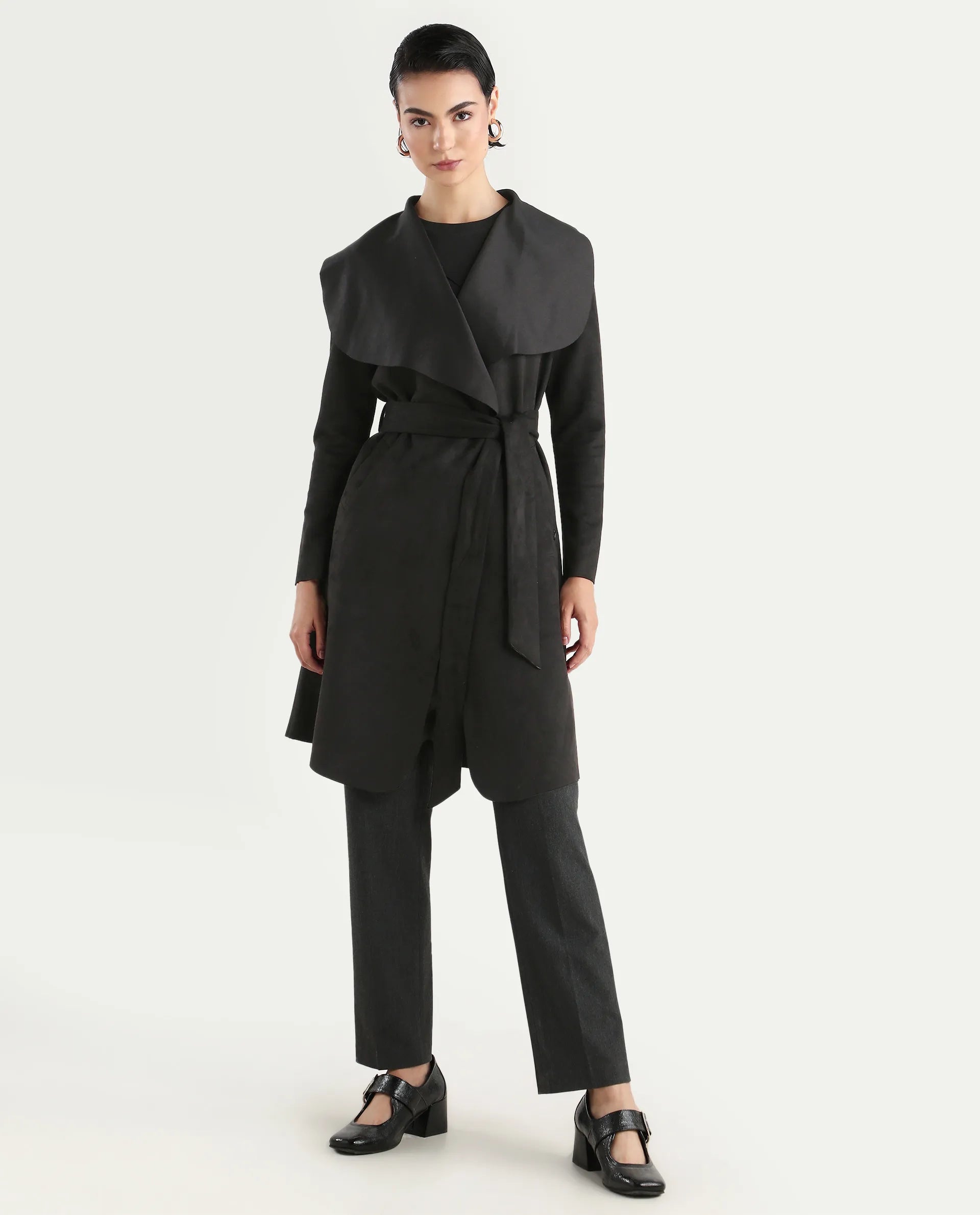 Rareism Women's Palmer 2 Black Suede Waterfall Neck Plain Midi Boxy Fit Jacket