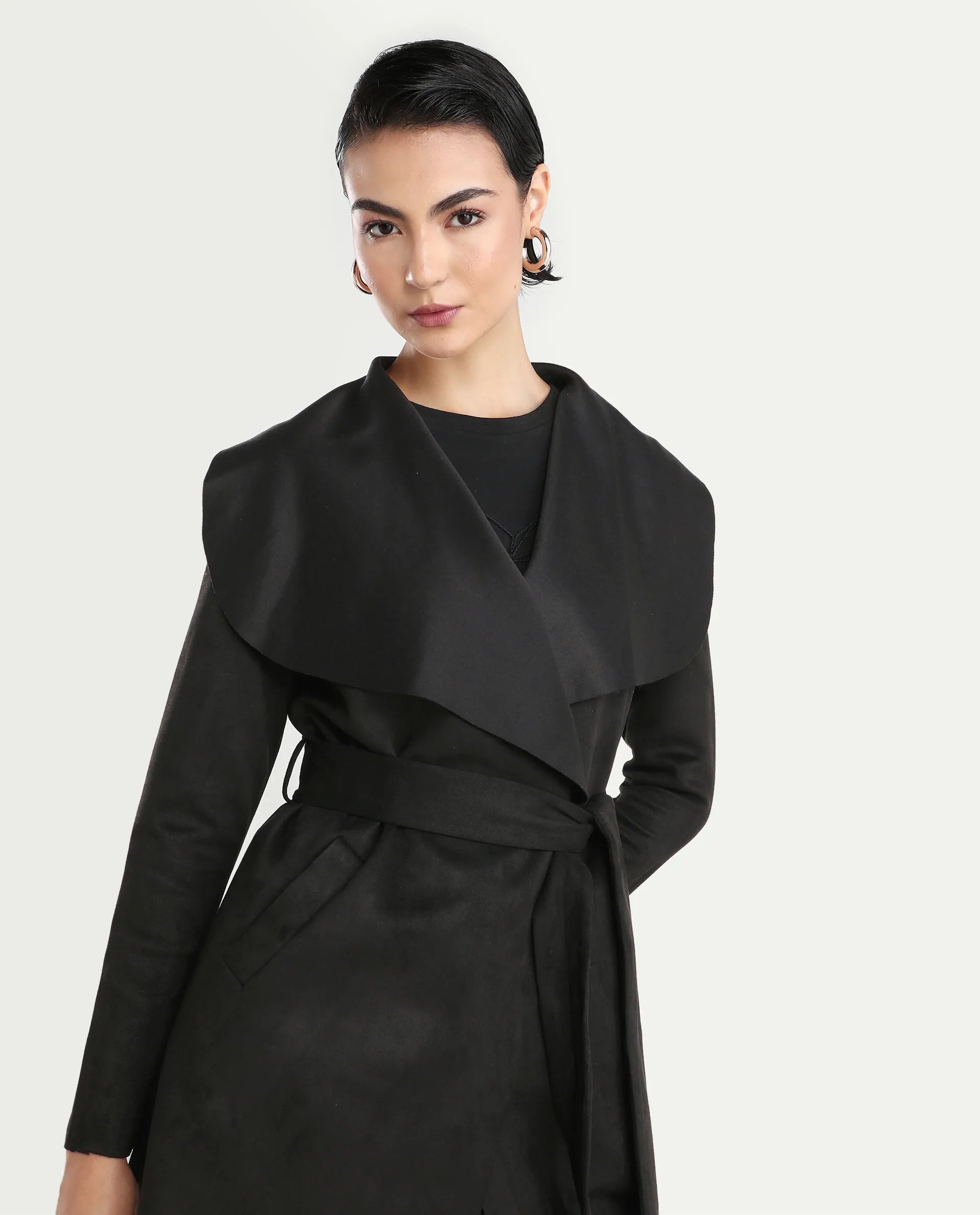 Rareism Women's Palmer 2 Black Suede Waterfall Neck Plain Midi Boxy Fit Jacket