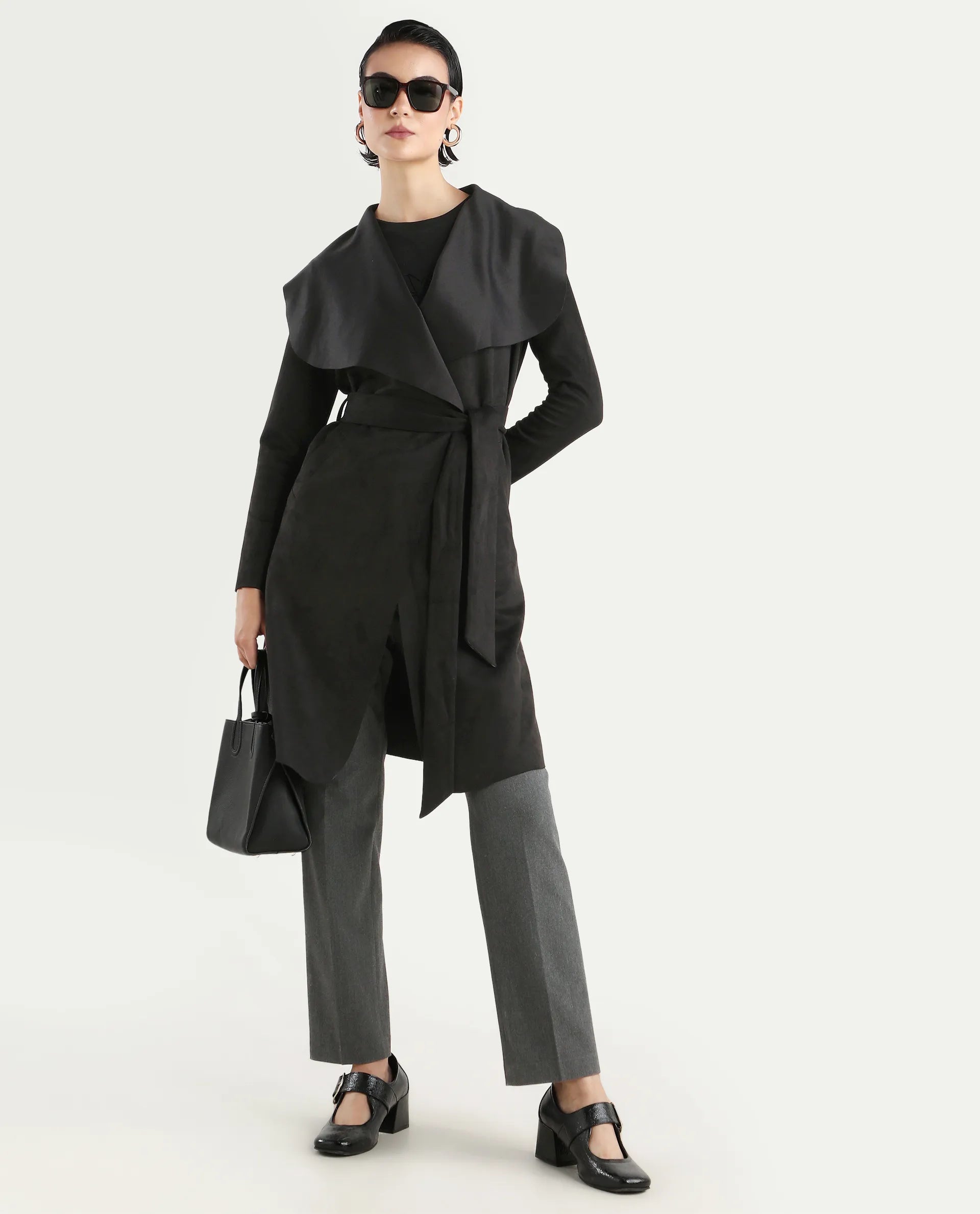 Rareism Women's Palmer 2 Black Suede Waterfall Neck Plain Midi Boxy Fit Jacket