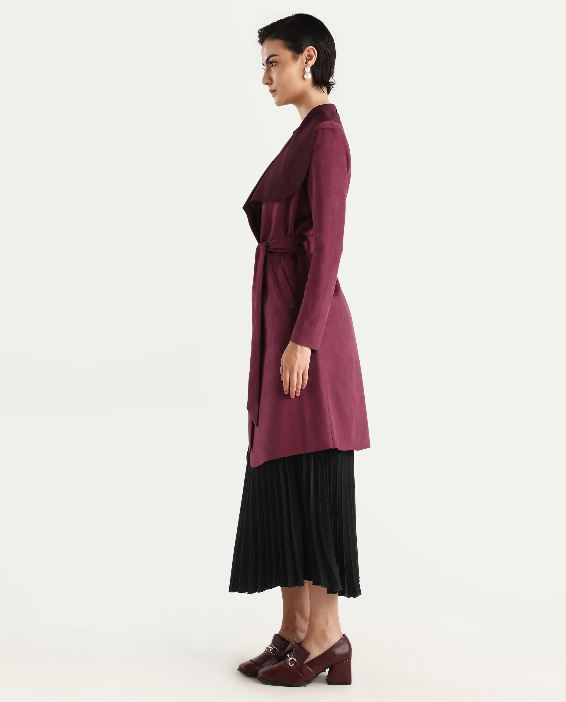 Rareism Women's Palmer 2 Maroon Suede Waterfall Neck Plain Midi Boxy Fit Jacket