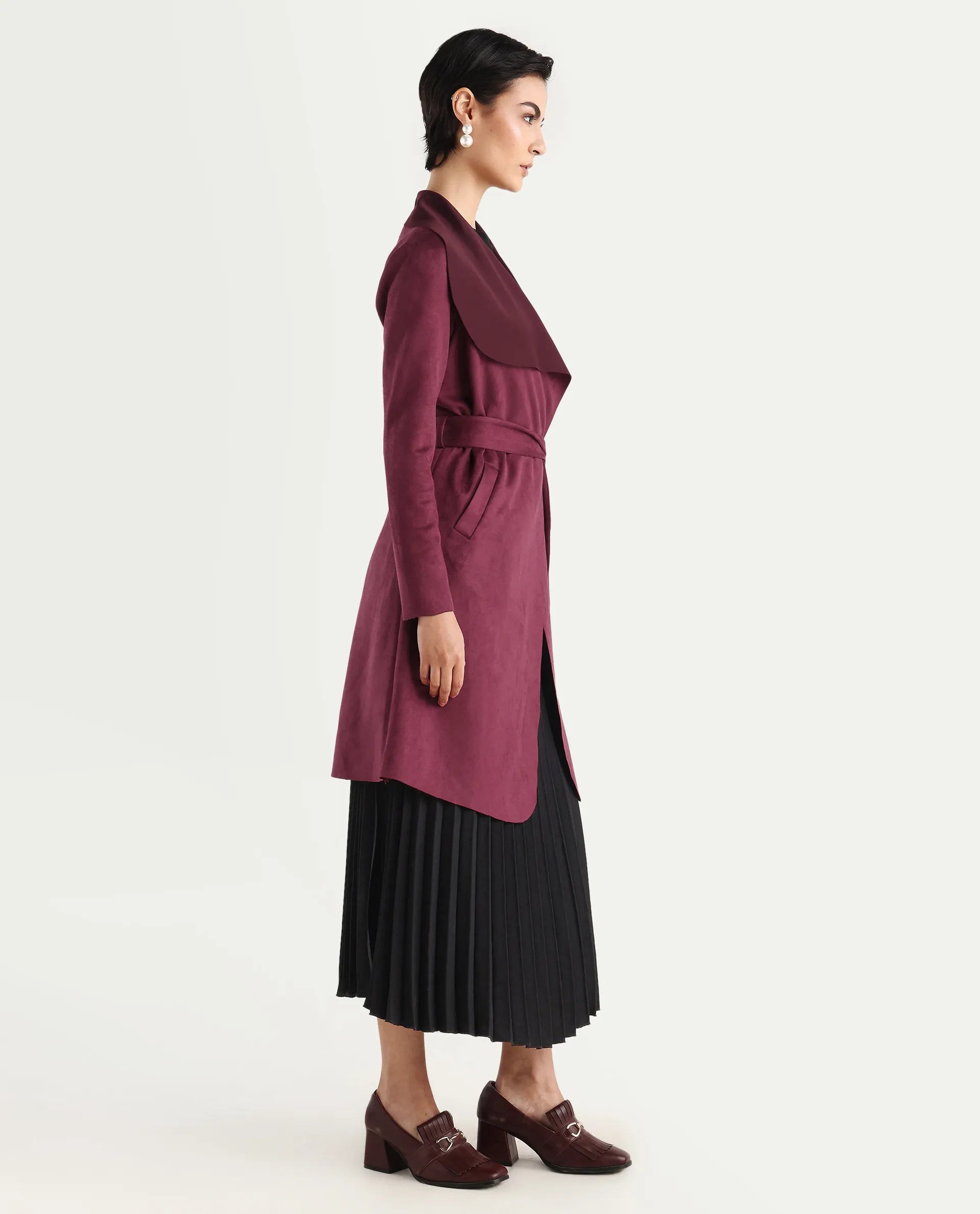 Rareism Women's Palmer 2 Maroon Suede Waterfall Neck Plain Midi Boxy Fit Jacket