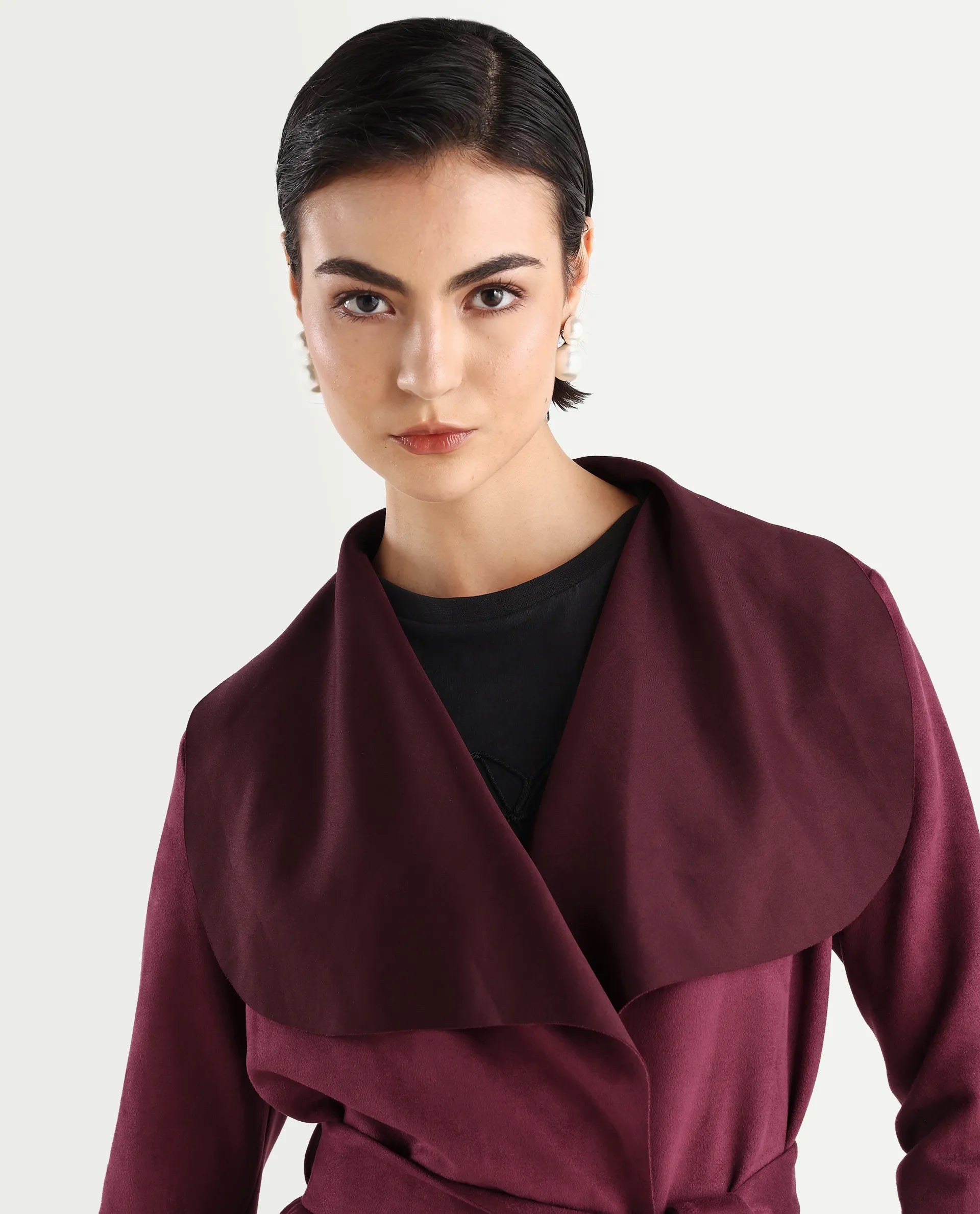 Rareism Women's Palmer 2 Maroon Suede Waterfall Neck Plain Midi Boxy Fit Jacket