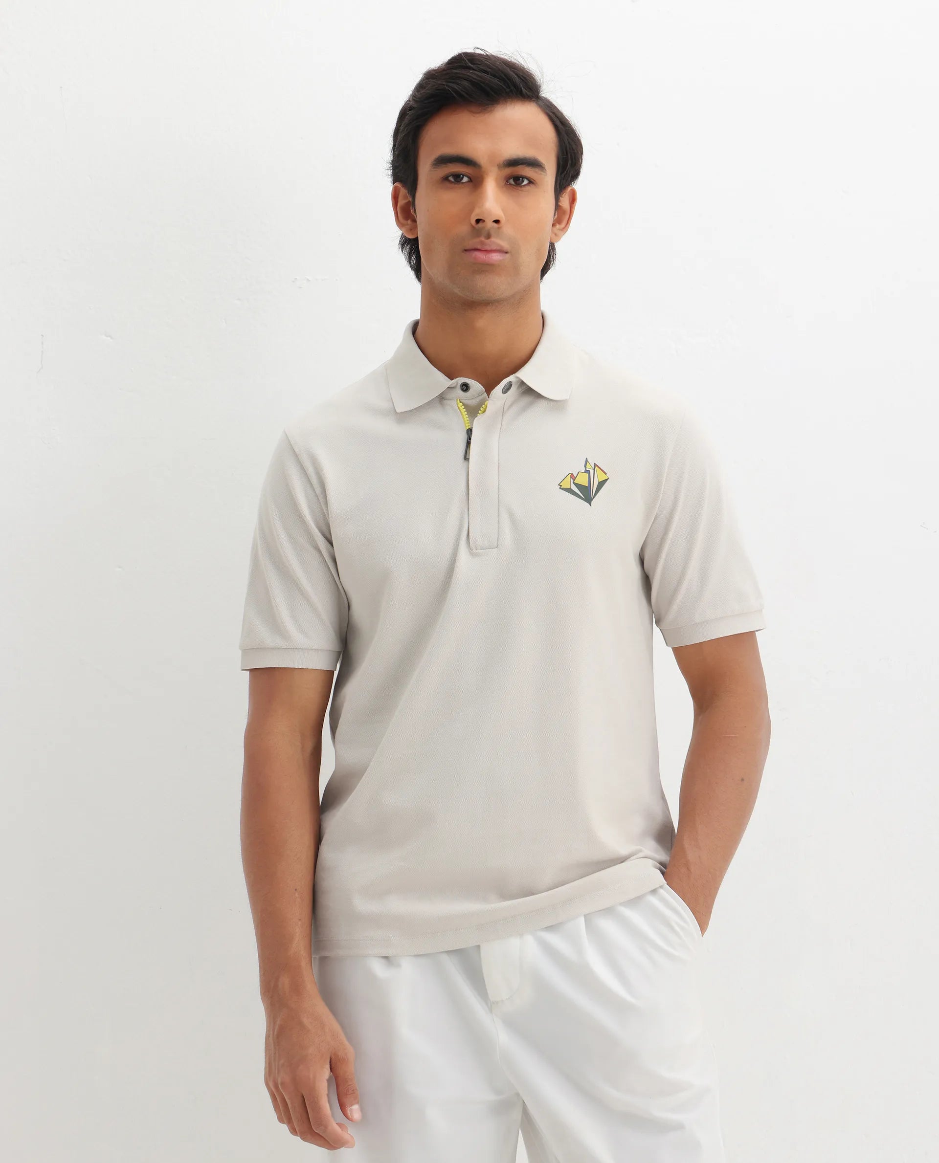 Rare Rabbit Men's Palmer Beige Cotton Plain Regular Fit Half Sleeve Polo