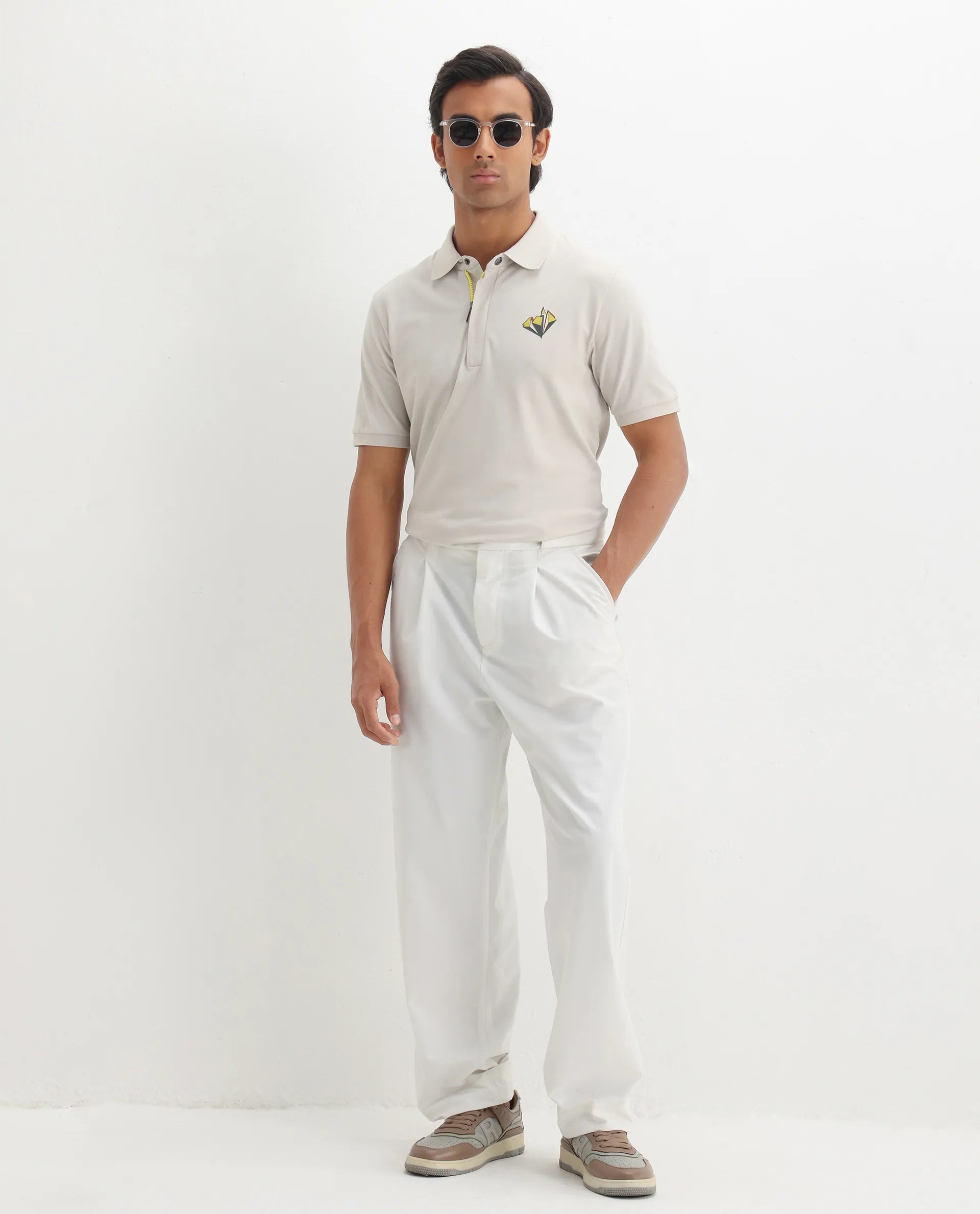 Rare Rabbit Men's Palmer Beige Cotton Plain Regular Fit Half Sleeve Polo